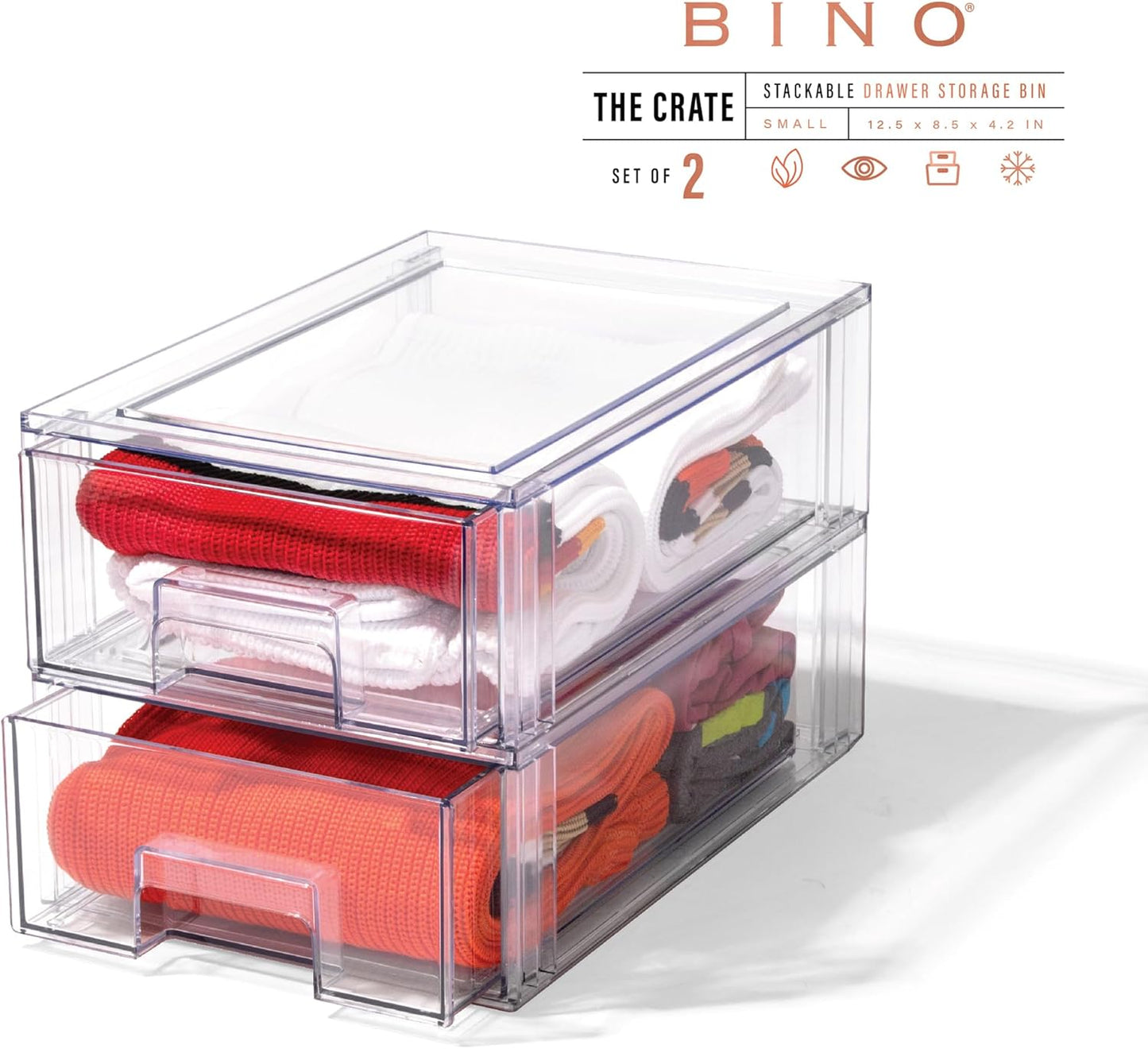 BINO | Stackable Storage Drawers, Small - 2 Pack, Clear | THE CRATE COLLECTION | Storage Bins With Drawers | Bathroom Organizers | Under Sink Organizer | Vanity Cabinet Home Organization