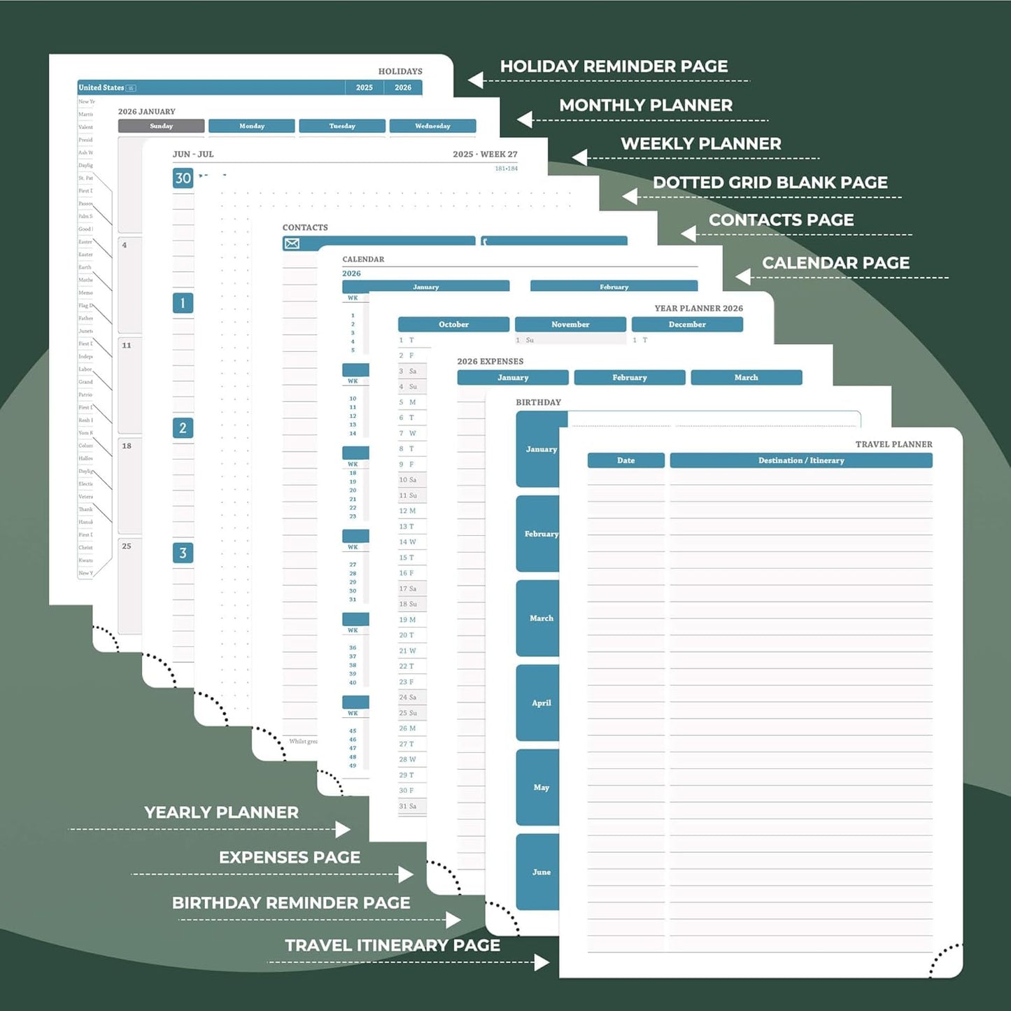 IN-LUXPRO Weekly Monthly 2026 Planner (Jan.26-Dec.26),11.5"x8.5",12 Months Agenda Plan with Month Tabs & Pocket,Expenses/Note Pages, Appointment Book Calendar with Hardcover Vegan Leather Cover,Green