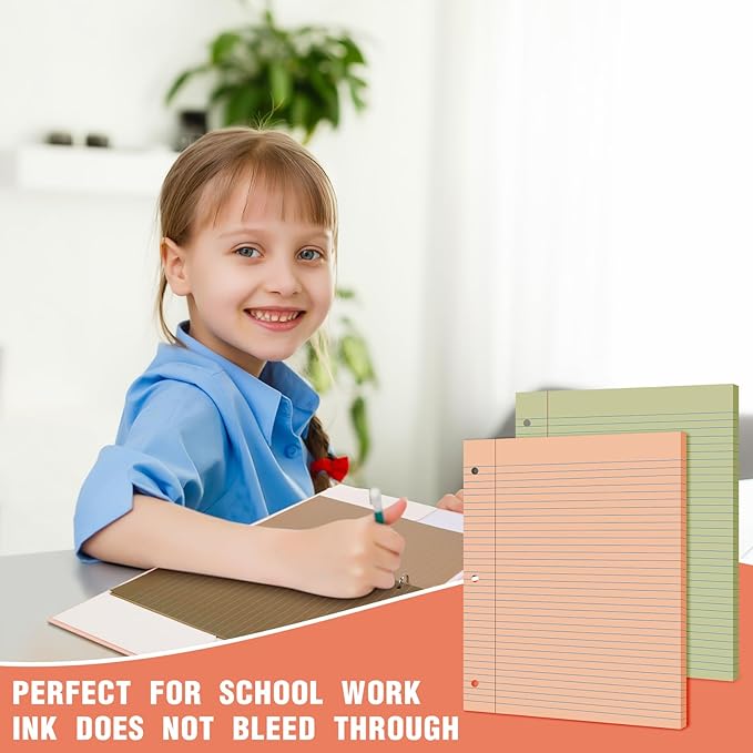 PerKoop 12 Pack 600 Sheets Colored Lined Paper Bulk Wide Ruled 8 x 10.5 Inches, Pastel Loose Leaf Notebook Paper 3 Hole Punched Filler for Back School Classroom Supplies(Cute Color)