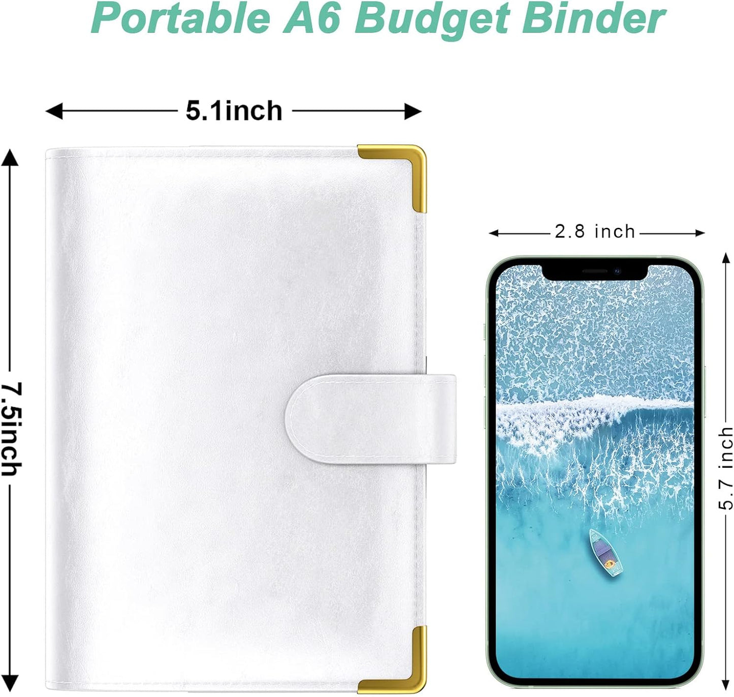 Rnivvi Budget Binder with Zipper Envelopes, A6 Money Saving Binder Cash Envelopes for Budgeting, PU Leather Planner Money Organizer for Cash Stuffing Planning, Cute System Wallet for Women Men, White