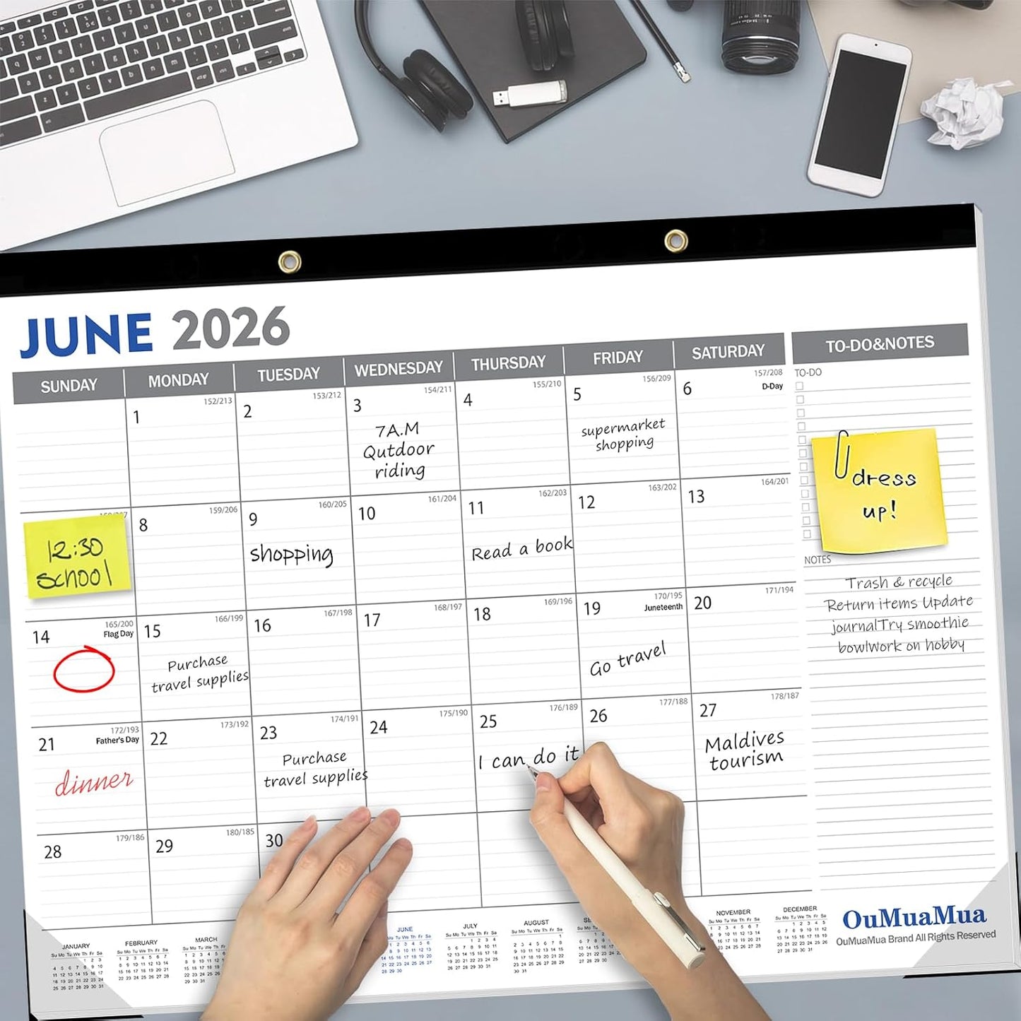 OuMuaMua Large Desk Calendar 2026-2027 - 18 Months from Jan. 2026 through Jun. 2027, 22 x 17 Inches Desktop Wall Calendar with Julian Date To-do & Notes, Corner Protectors for School Home Office