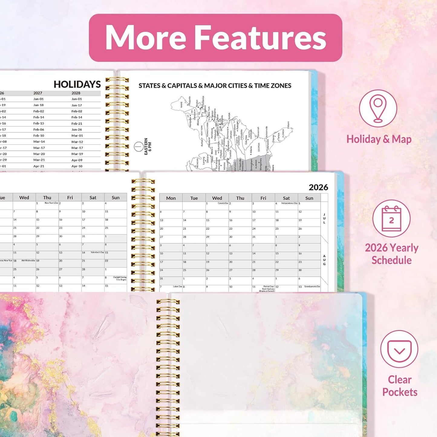 SUNEE 2026 Weekly and Monthly Planner - from January 2026 - December 2026, 8.5"x11" Daily Agenda Planner with Monthly Tab, Flexible Cover, Note Pages, Pockets, Bookmark, Spiral Binding, Pink Marble