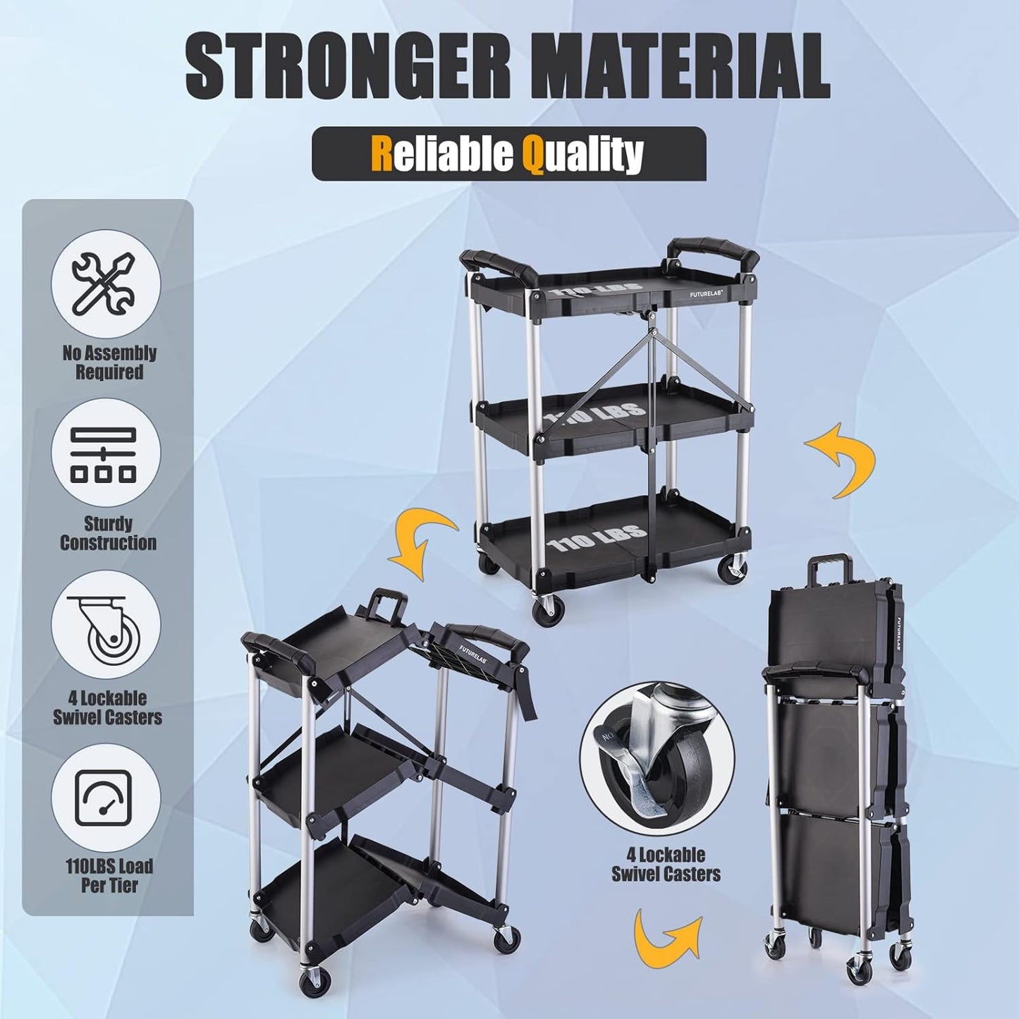 FUTURELAB Portable Folding Service Cart - 3 Tier 330LBS Capacity - Rolling Utility Foldable Cart with Wheels for Warehouse Home Workshops Garages Restaurants Offices
