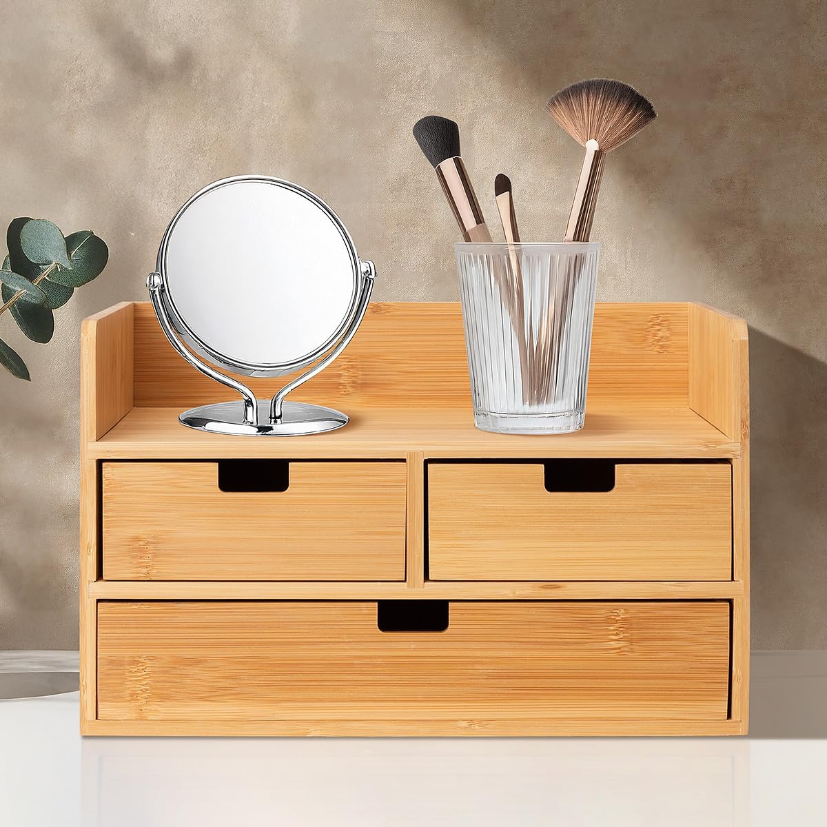 Bamboo Desk Organizer With 3 Drawers Desktop Organizer Modren Table Storage Organizer For Office Home Toiletries Supplies Vanity Kitchen, No Assembly Required, Odorless