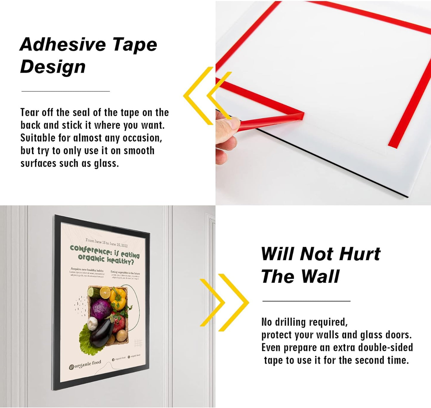 Acrylic Magnetic Sign Holder, Easy-Opening 8.5 x 11 Wall Mount Display Frames, Self Adhesive Back Plastic Clear Document Frame, Horizontal & Vertical Display (Black, 6Pack)