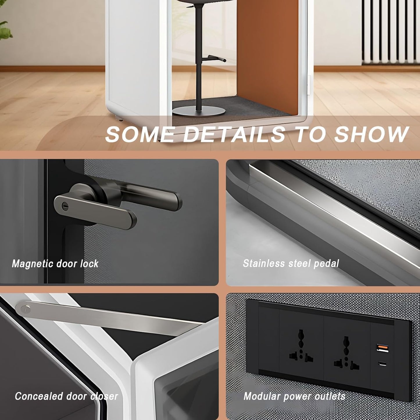 Office Sound Booth with Audio Privacy - Portable Soundproof Pod with Orange Interior,Phone Pod with Light,Ventilation,Socket for Phone,Singing,Work