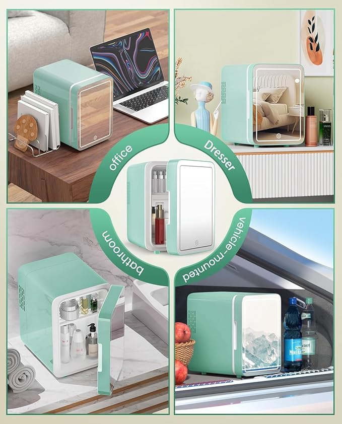Skincare Fridge With Dimmable LED Light Mirror, 4L Mini Fridge For Desktop, Travel or Cool & Heat, Makeup Fridge for Cosmetics, Skin Care and Food, Green