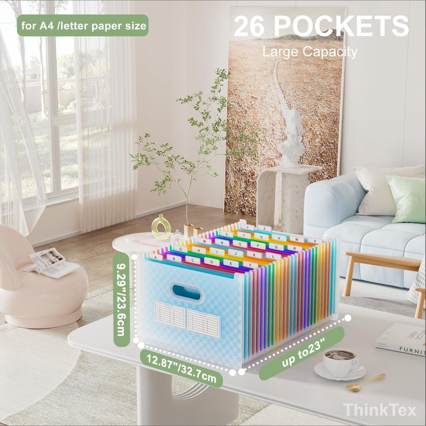 ThinkTex 26 Pockets Expanding File Folder, Upright & Open Top, A-Z Colorful Tabs, Larger Capacity Accordion Folder, Letter/A4 Size for School, Home and Office - Blue