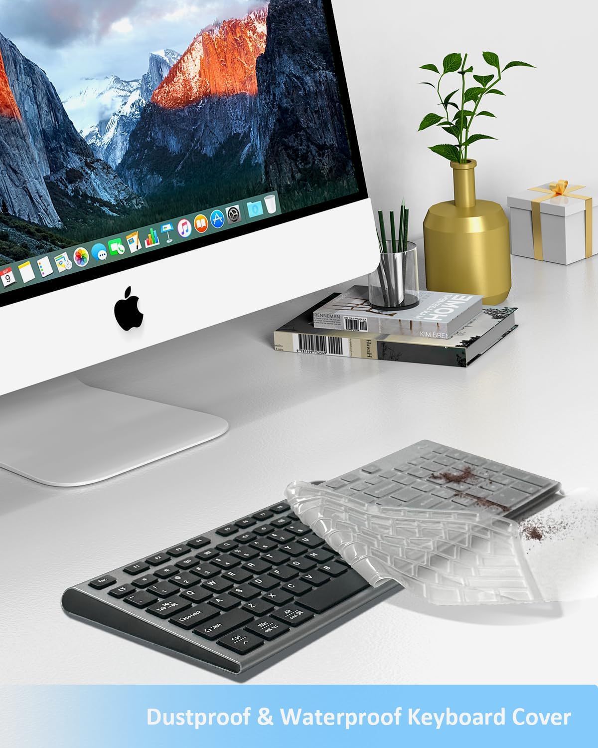 FENIFOX Wireless Keyboard, Bluetooth + USB Ergonomic Silent Quiet Rechargeable with Number Pad Compact Full Size Multi Device Keyboards for iPad Tablet Mac Computer Surface PC MacBook Laptop Blcak