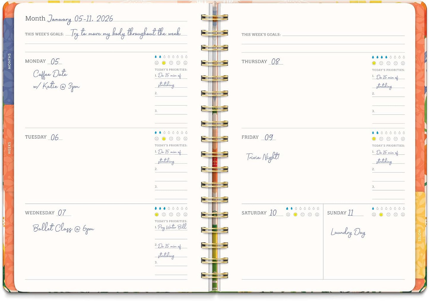 Orange Circle Studio Undated Tri-Tab Academic Planner 2026, Bold Blooms, Daily Notebook Journal, Cute Weekly and Monthly Calendar with Pocket, Stickers, Lined Pages for To Do lists and Planning