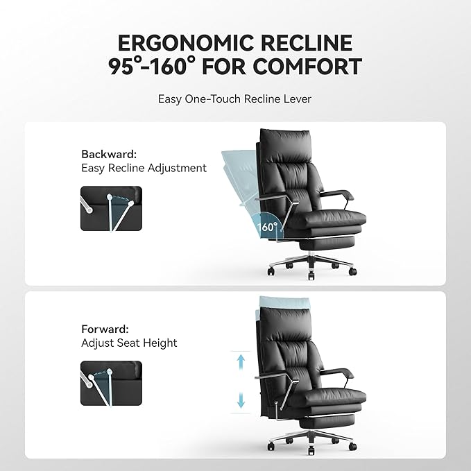 Reclining Office Chair with Footrest - 25.6" Wide Seat & Adjustable Seat Depth, Big and Tall High Back Leather Executive Home Office Desk Chair 400lbs, Black