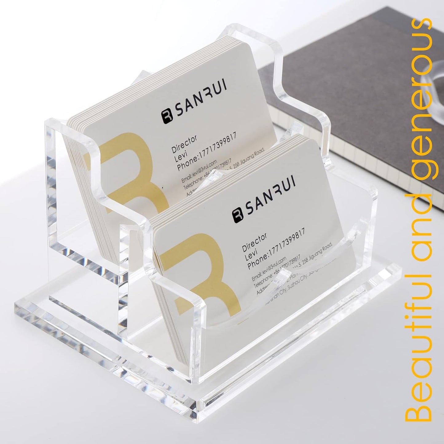 SANRUI Clear Horizontal Business Card Holder Stand for Desk, Acrylic Desktop Display Name Cards Holders Organizer Storage Rack,for Exhibition, Home , Office ,2 Tier 2 Pocket , 120 Card Capacity