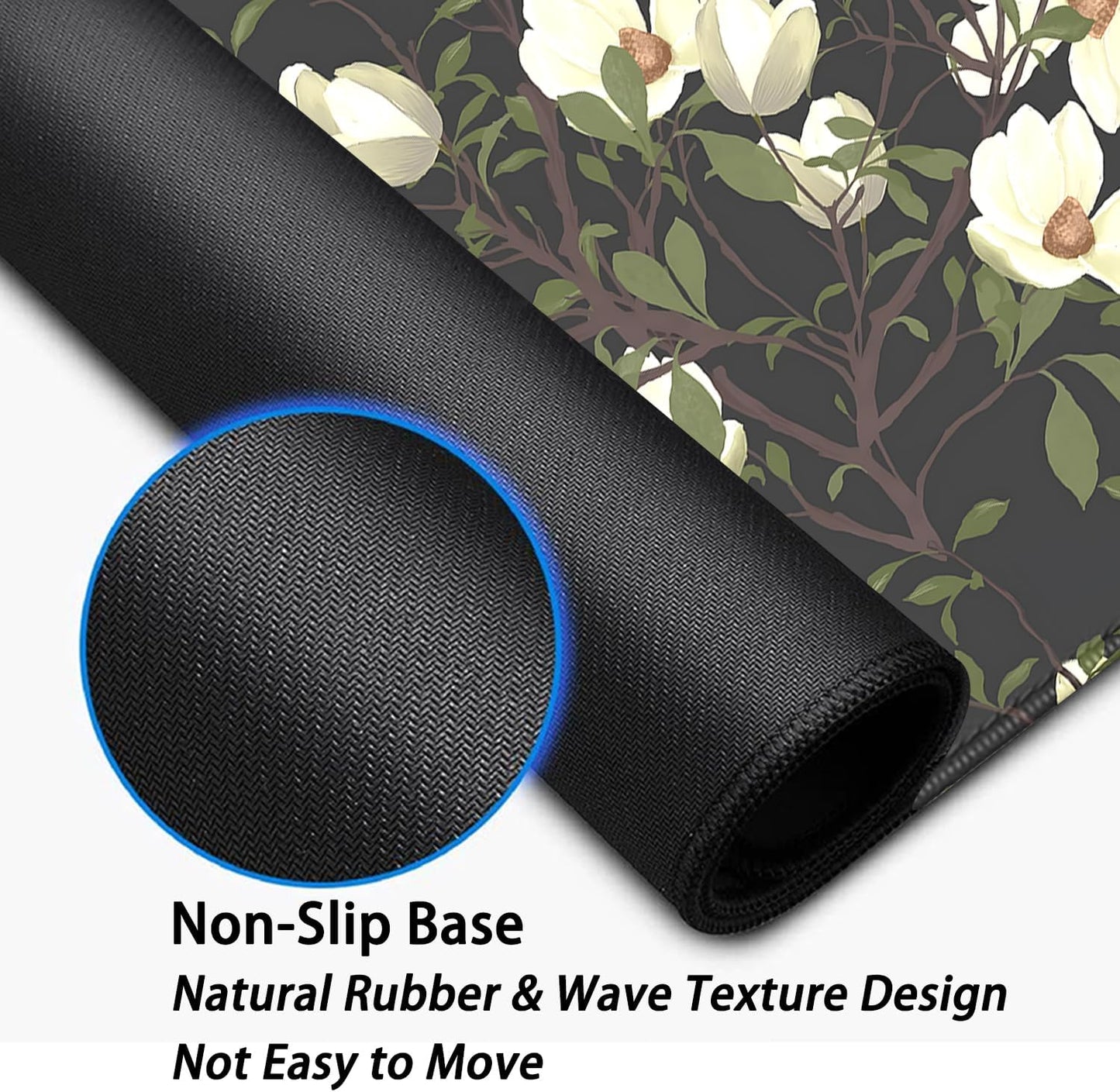 Magnolia Flowers Desk Pad Mouse Pad,Large Floral Mouse Mat with Stitched Edges,Non-Slip Rubber Base Black Mousepad for Office PC Keyboard Laptop and Home Work Desk Mat(27.5X11.8 in)