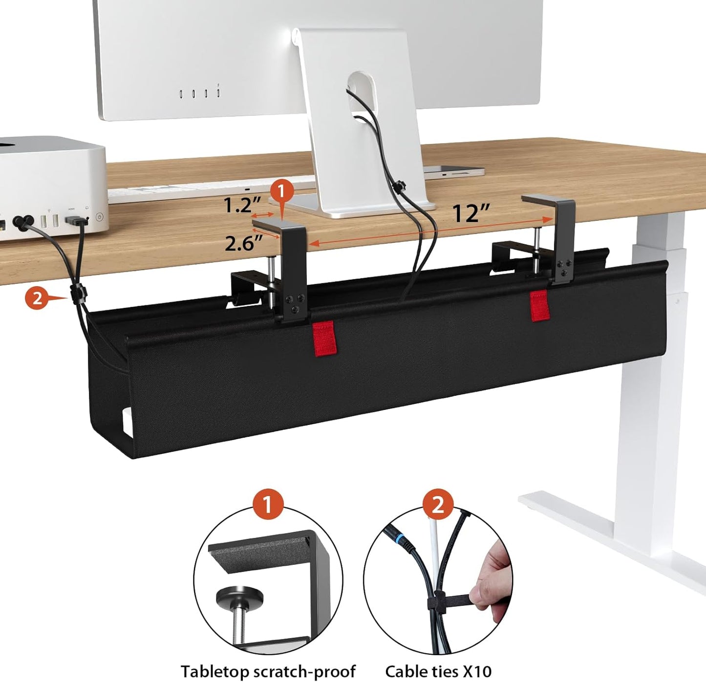 Univivi No Drill Under Desk Cable Management Tray, 28" Cord Organizer for Table, Clamp/Screw Mount Desk Cable Management, Premium Fabric Cable Management Tray for Office, Home