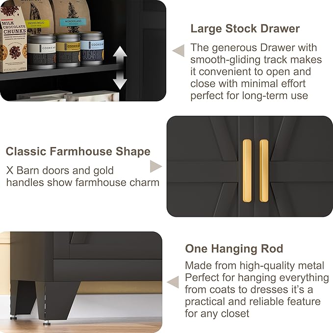 71H Tall Metal Storage Cabinet with 2 Doors and 5 Shelves,Farmhouse Storage Cabinet with Barn Doors,Pantry Storage for Home,Office,Bathroom,Dining Room,Kitchen(Black)