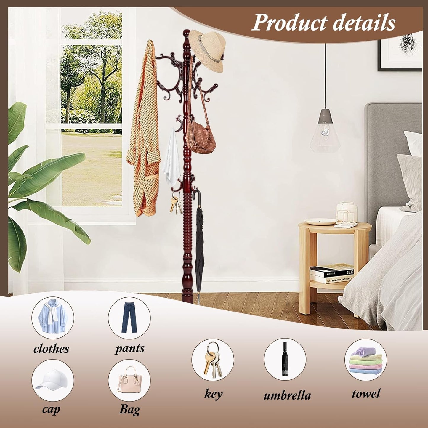 Wooden Coat Rack Freestanding, Vintage Coat Racks with Sturdy Round Base, Adjustable Height 37.40"-72.83" Entrance Coat Rack for Bedroom Living Room Entryway (Solid wood Triangle)