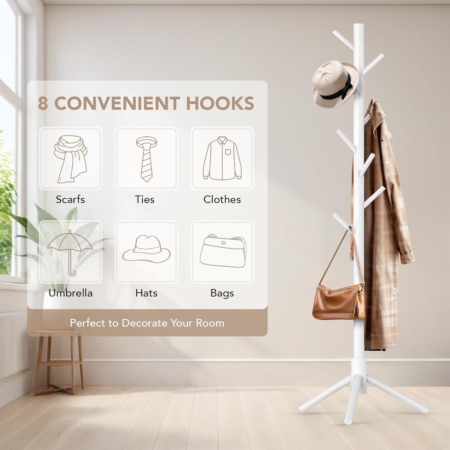 Wooden Tree Coat Rack Stand,Sturdy Freestanding Coat Rack with 8 Hooks,3 Adjustable Height for Child Adult,Wood Coat Stand Tree Fits Entryway Bedroom Office for Bags,Hats, 2 Pack