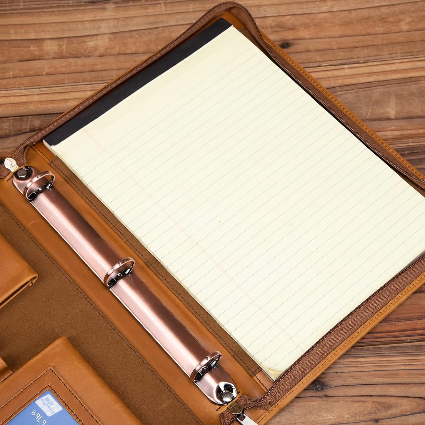 Professional Leather Business Padfolio Portfolio Case, 3 Ring Binder,Zippered Business Document Organizer Folder Tablet Pad Folio,with Letter Size Notepad (Brown Standard)