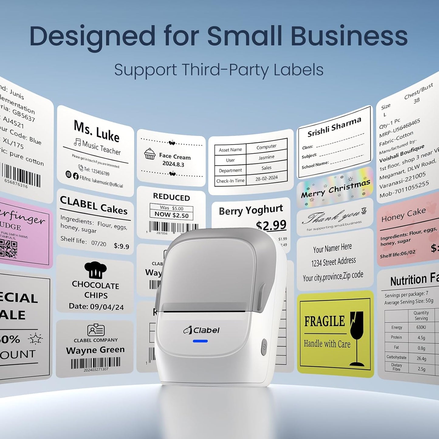 CLABEL Thermal Label Maker Machine: 221B Mini Sticker Printer Barcode Printer Inkless Label Printer Compatible with Clothing Price Labeling with 1 Roll of 50x30mm Label(Gray White)