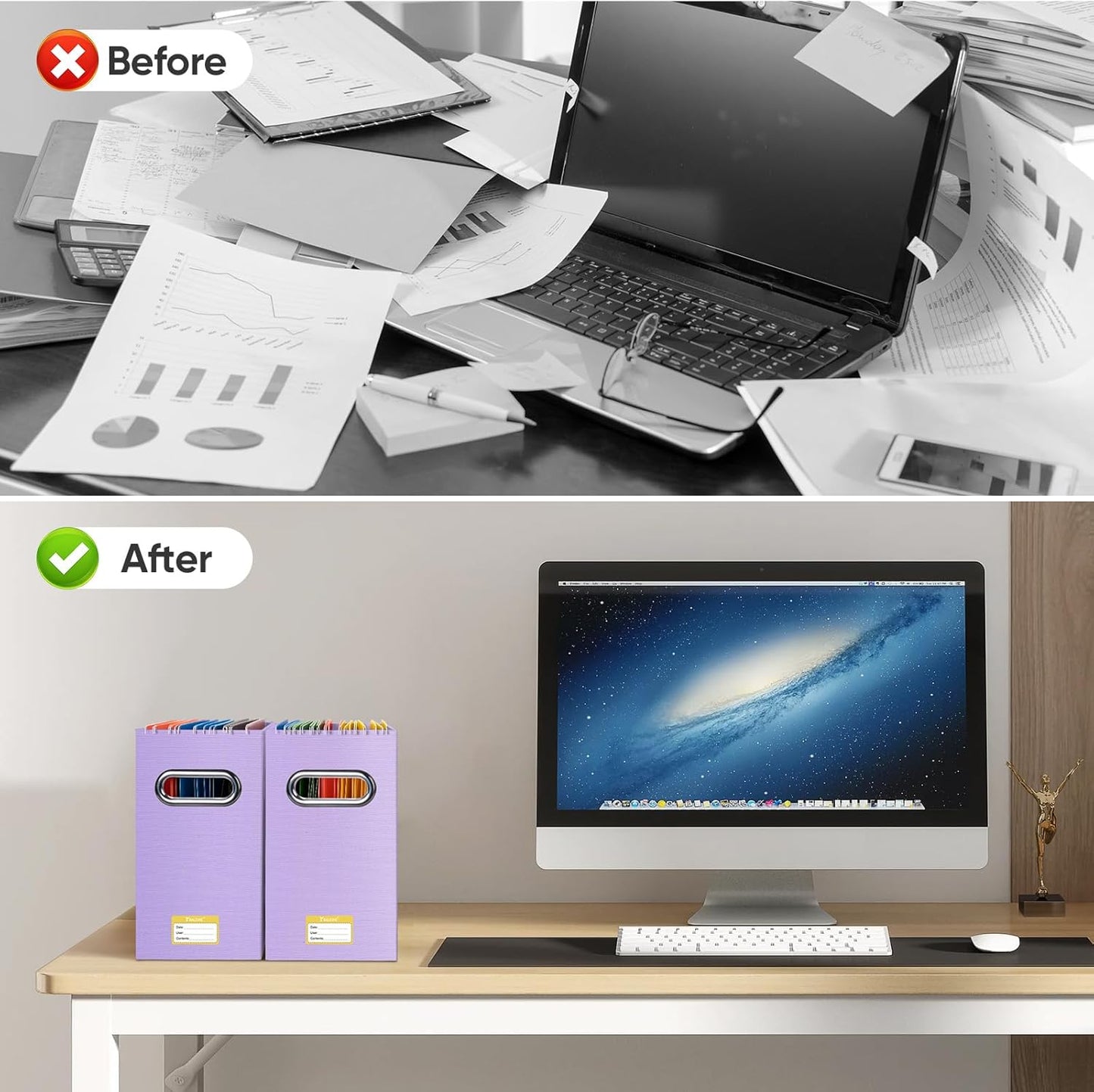 BALEINE File Organizer Box, Cardboard File Folder Organizer with Handle for Letter Size, Portable Collapsible Hanging Filing Box for Home Office Document Storage (2 Pack, Lavender)