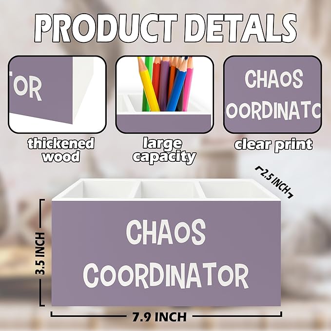 Chaos Coordinator Purple Pen Pencil Holder Organizer for Desk, Thank You Gifts for Women Men Coworkers Boss Leader Manager, Appreciation Gifts Wooden Box Sign for Office Tabletop Decorations