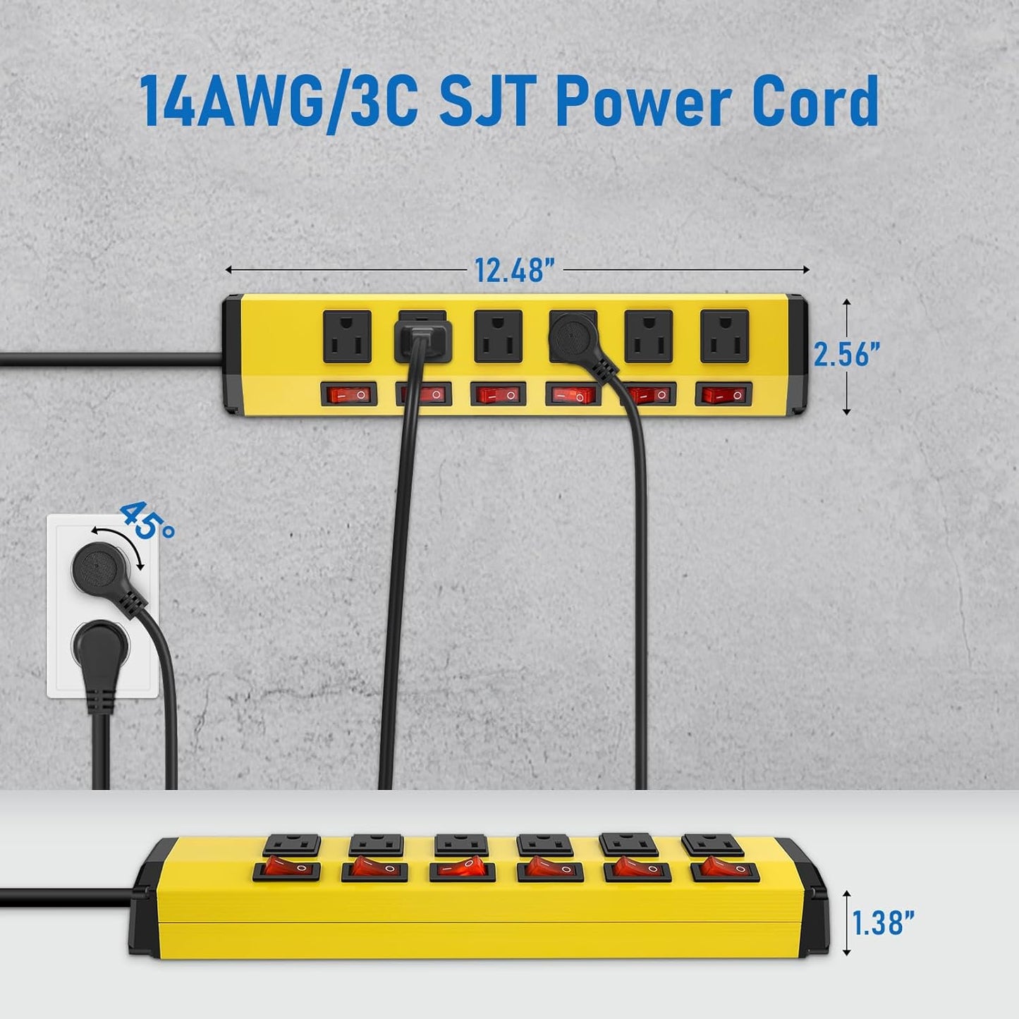 ANNQUAN 4PCS 6 Outlet Metal Power Strip with 6 Individual Switches,Heavy Duty Power Strip 1200J 15A 6FT Cord Home Office Industrial Commercial Shop