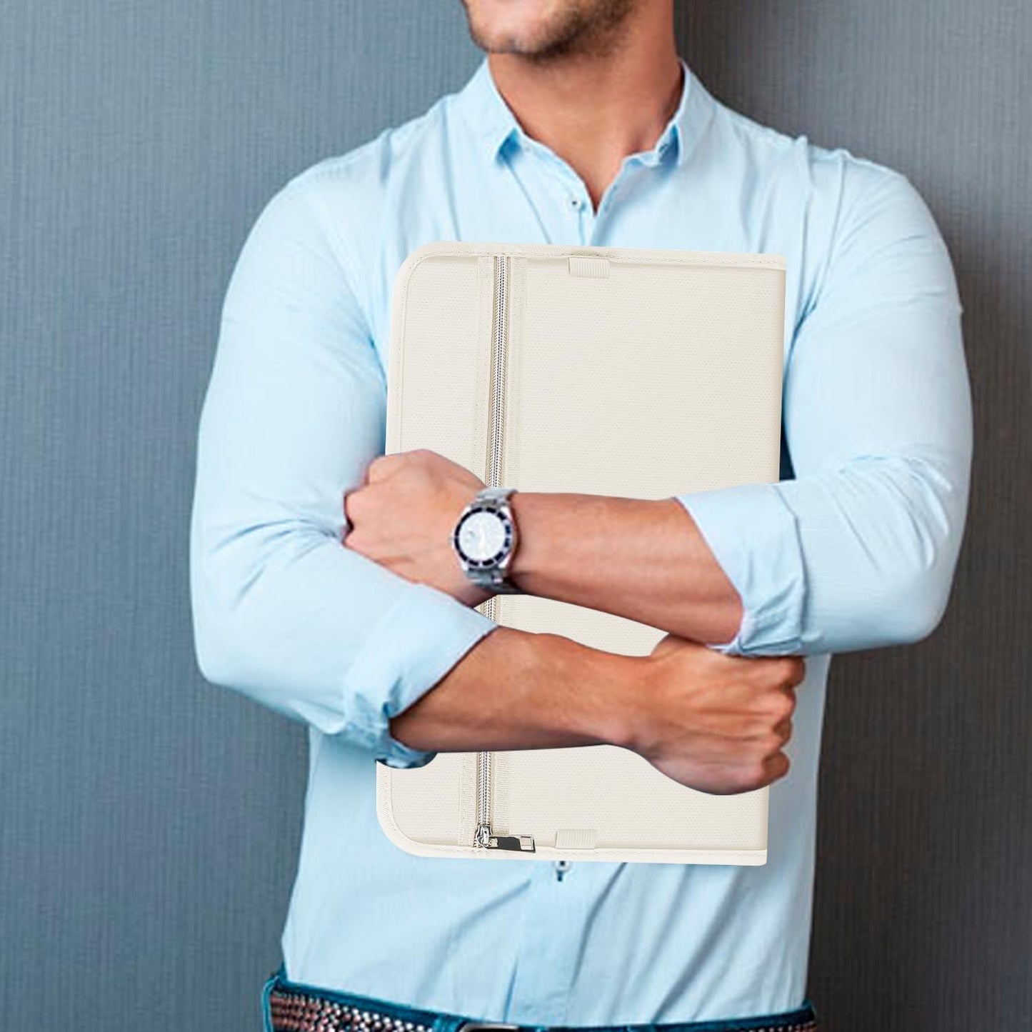 Fireproof Safe Waterproof Accordion File Bag Folder Expanding Filing Folder with 14 Multicolored Pockets, A4 Letter Size, Document Organizer Holder and Color Labels /2 Zipper (Beige 14.3" x 9.8")