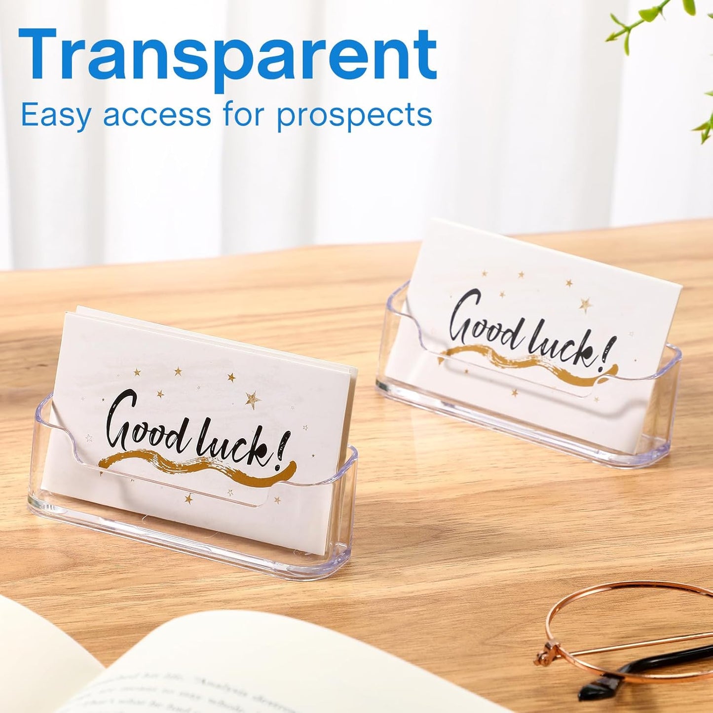 Leinuosen 50 Pack Business Card Holder for Desk Acrylic Business Card Holder Display Clear Label Stand Label Table Desktop Organizer for Home and Office