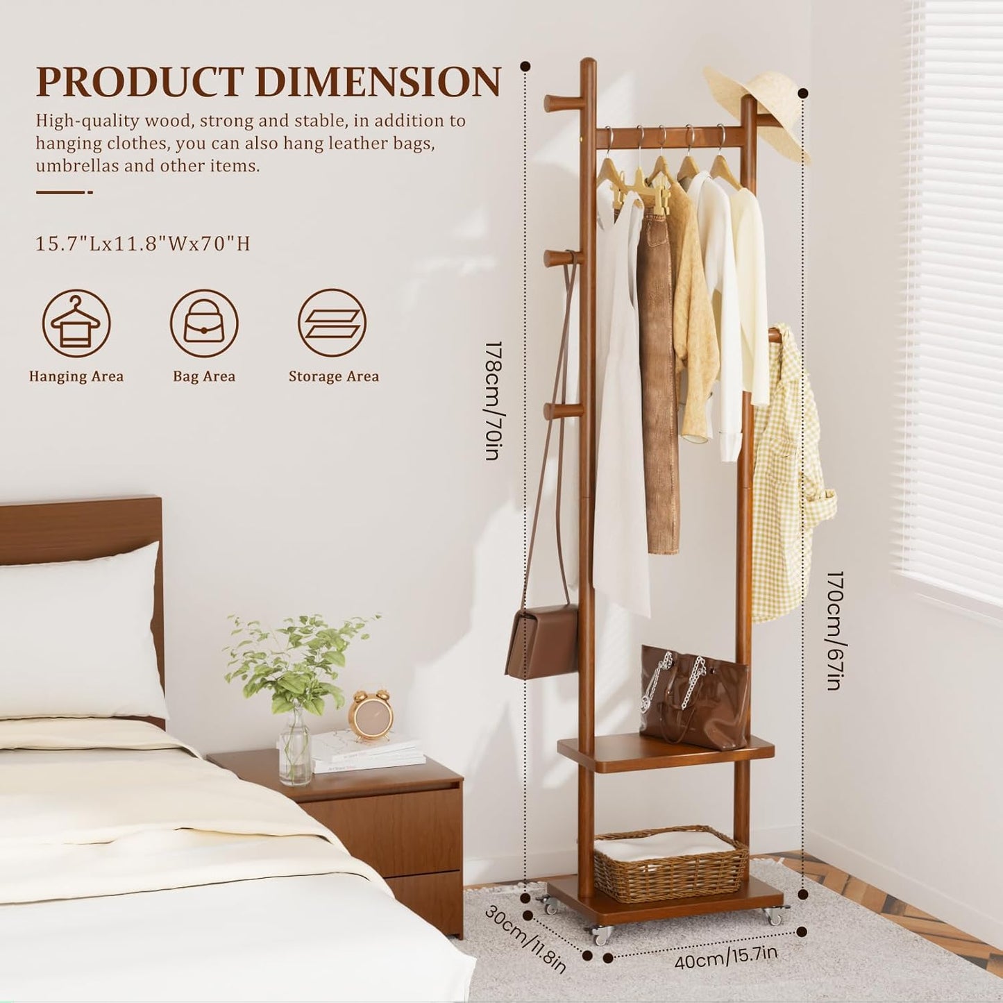 Coat Rack Freestanding Clothing Rack with Wheels & 2 Shelves Storage & 5 Hooks Heavy Duty Clothes Rack Wood Coat Tree Stand Hat Hanger Rack for Corner Bedroom Entryway Living Room Hotel