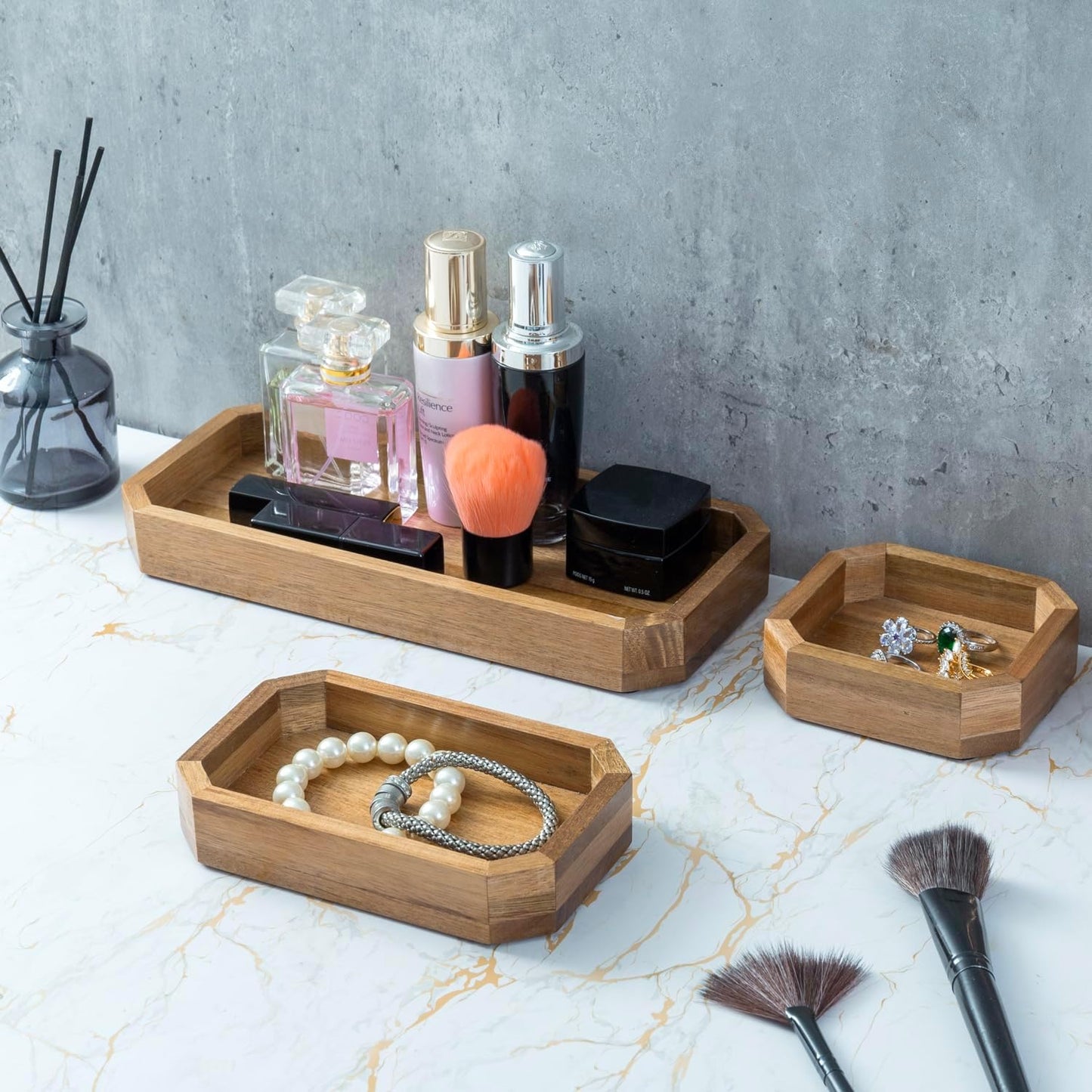 MyGift Premium Solid Acacia Wood Octagonal Desk Organizer Trays Office Stationery Holders, 3 pc Set