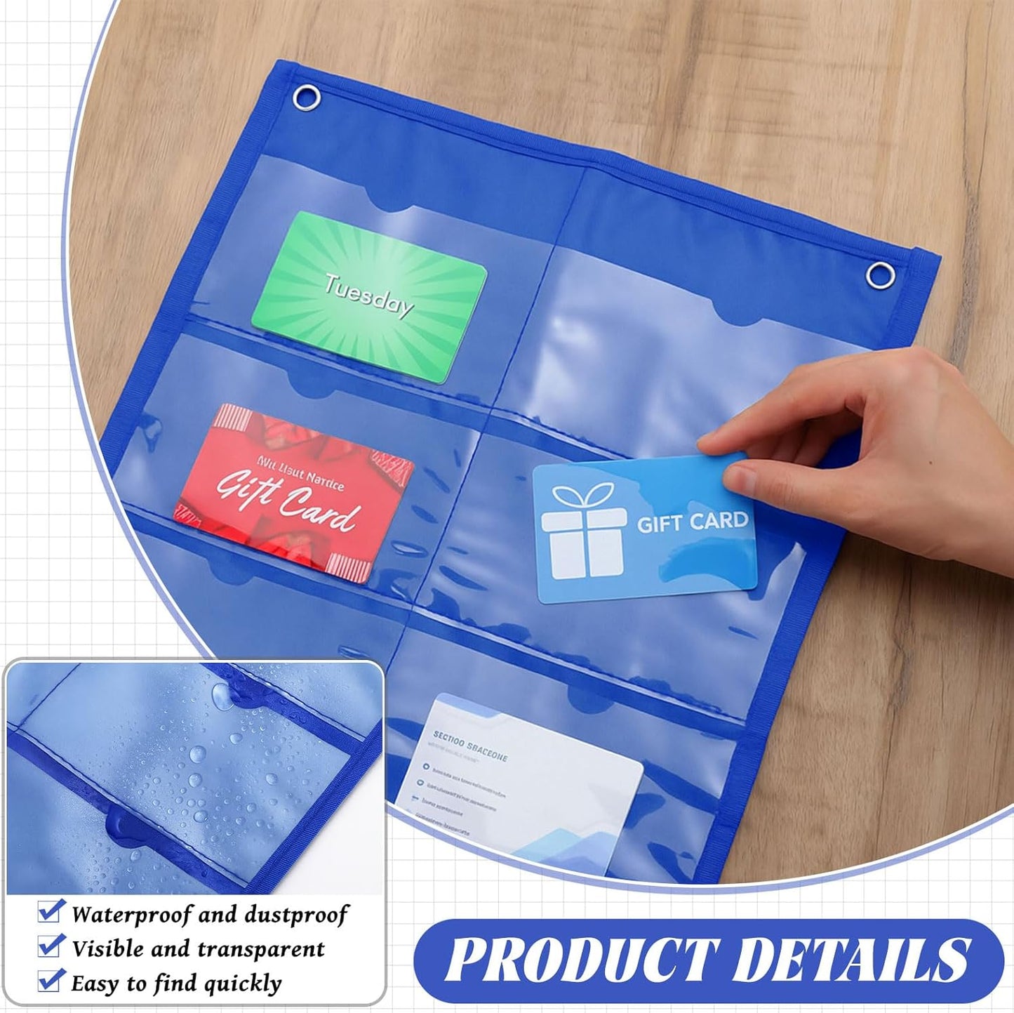 2 Pack 3'' x 5'' Index Card Holder Sleeve 16 Slot Plastic Organizer Hanging Wall Mount Business Note Cardholder PVC Clear Organizer Pocket for Classroom Office Library Home (Blue)