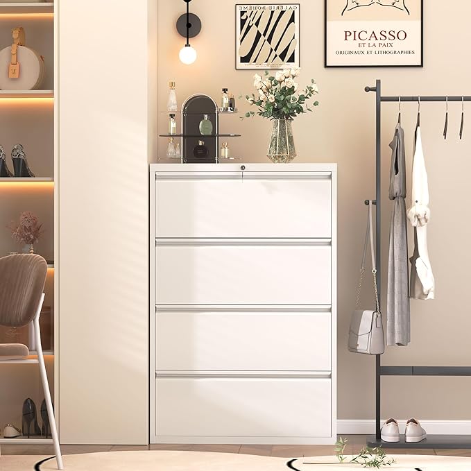 Superday Lateral File Cabinet 4 Drawer Metal File Cabinet with Lock, White Filing Cabinets for Home Office, Locking Filing Cabinets Hanging Files Letter/Legal/F4/A4