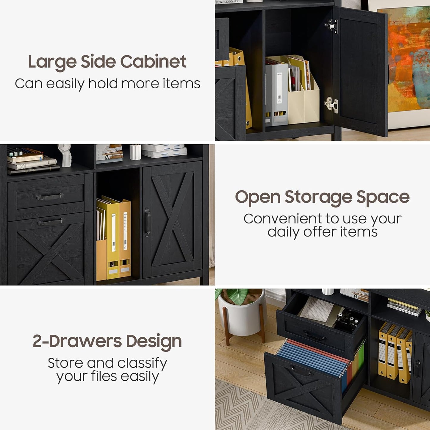 Lateral File Cabinet with 2 Drawers and Door, Farmhouse File Cabinet for A4/Letter Size Hanging Files, Large Wood File Storage Cabinets Printer Stand with Open Space for Home Office Furniture, Black