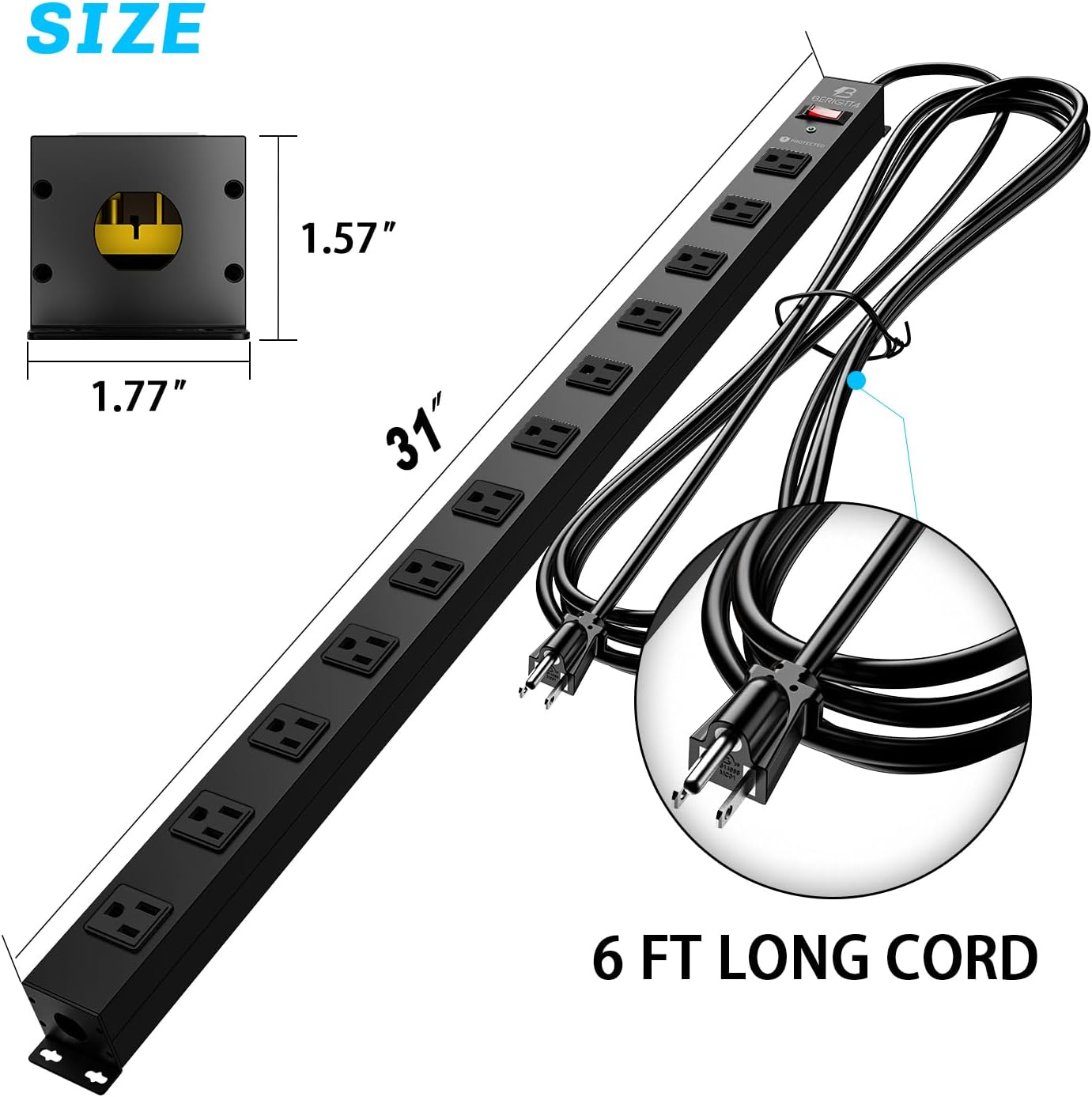 12 Outlet Surge Protector Metal Power Strip, 1800J Mountable Power Outlet, Heavy Duty Workshop Metal Power Strip for Commercial, Industrial, School and Home,15A 125V 1875W (6FT)