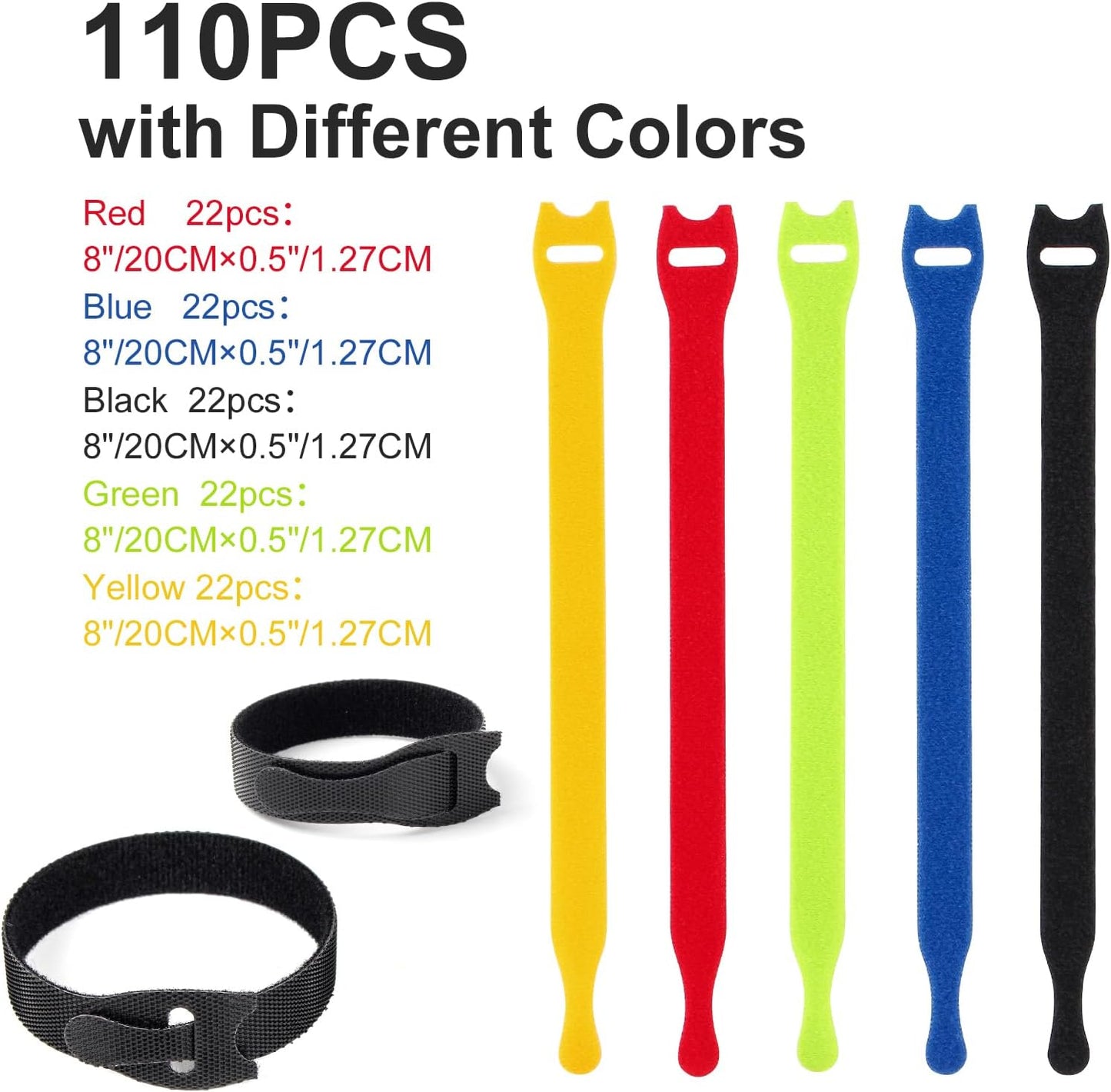 OneLeaf 110PCS Cord Organizer 8 × 1/2" Reusable Cable Ties with Hook and Loop, Colorful Fastening Cord Ties Wire Management for Home, Office, Data Centers, and Electronics, 5 colors