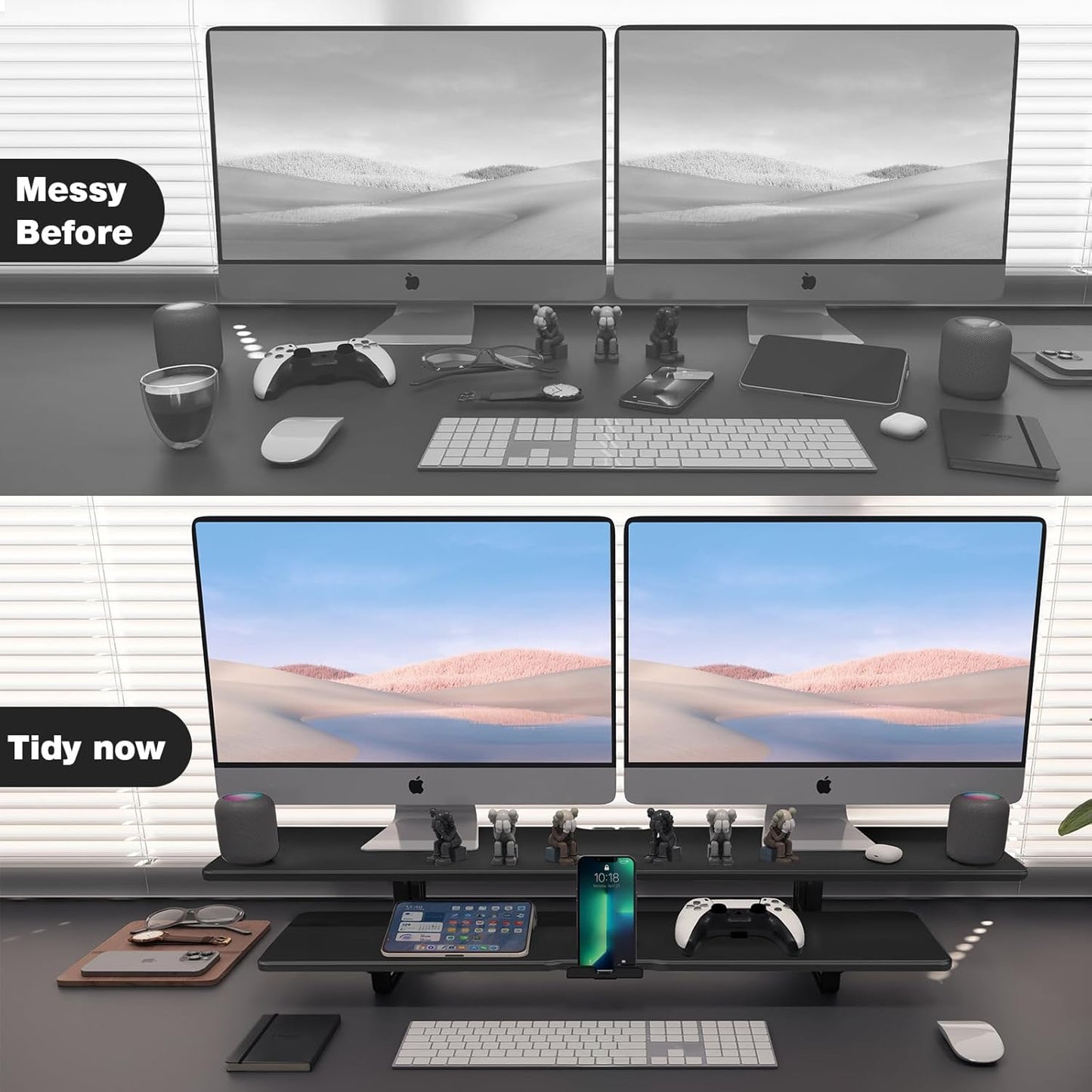 Dual Monitor Stand, 2-Tier Wood Monitor Riser with Storage Organizer and Cable Management, Black