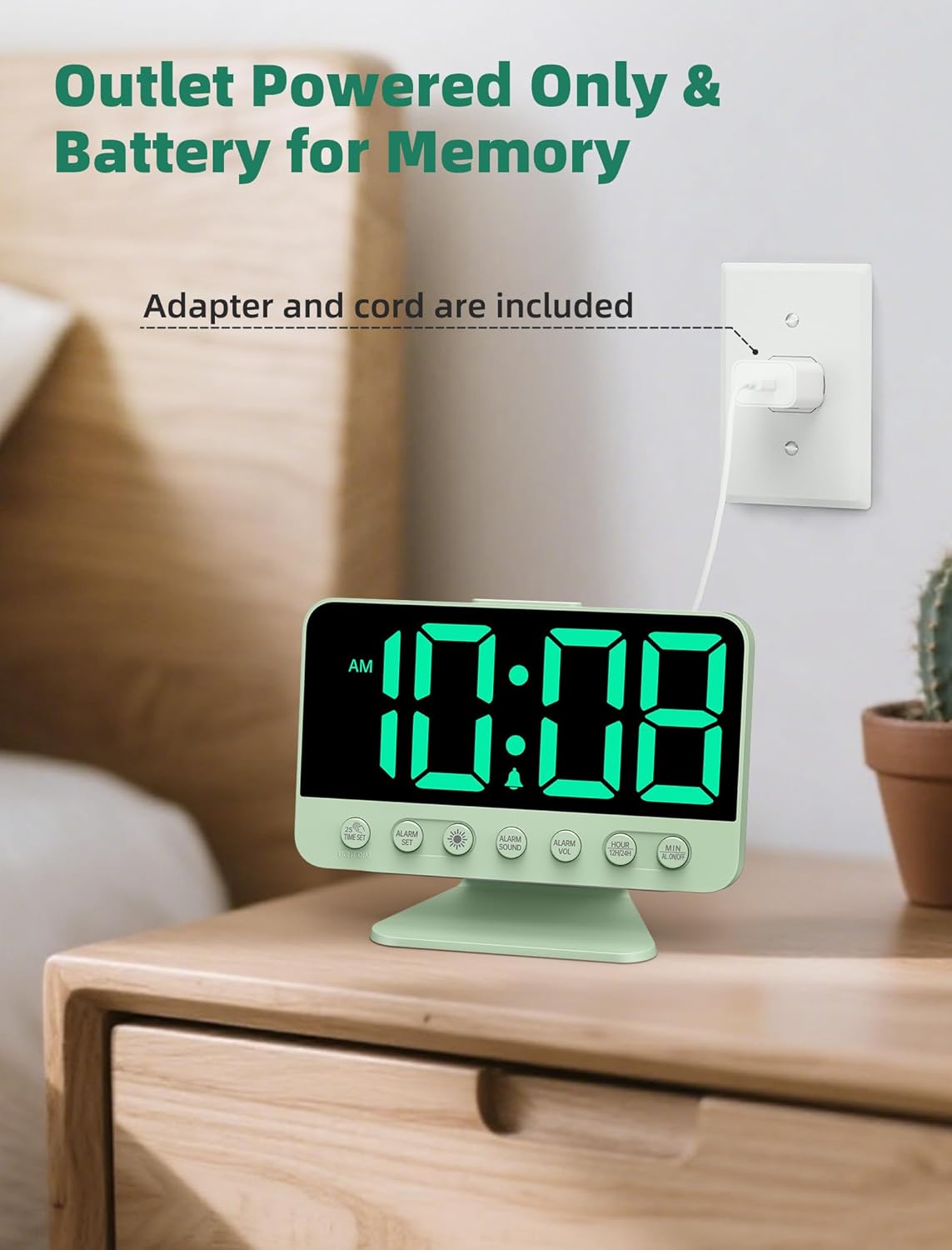 Digital Alarm Clocks for Bedrooms: Large Bold Number 5 Brightness Dimmer - Easy to Read Across The Room - 5 Alarm Sound 8 Night Light - Sage Green