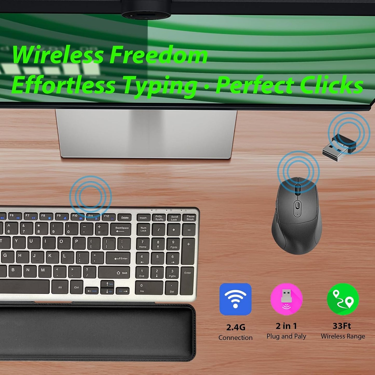 Wireless Keyboard and Mouse Combo with Keyboard Mouse Wrist Rest Pad - Ergonomic Design for Typing Pain Relief, Desk Pads Support Hand and Arm, 2.4G Stable Connection,Adjustable DPI