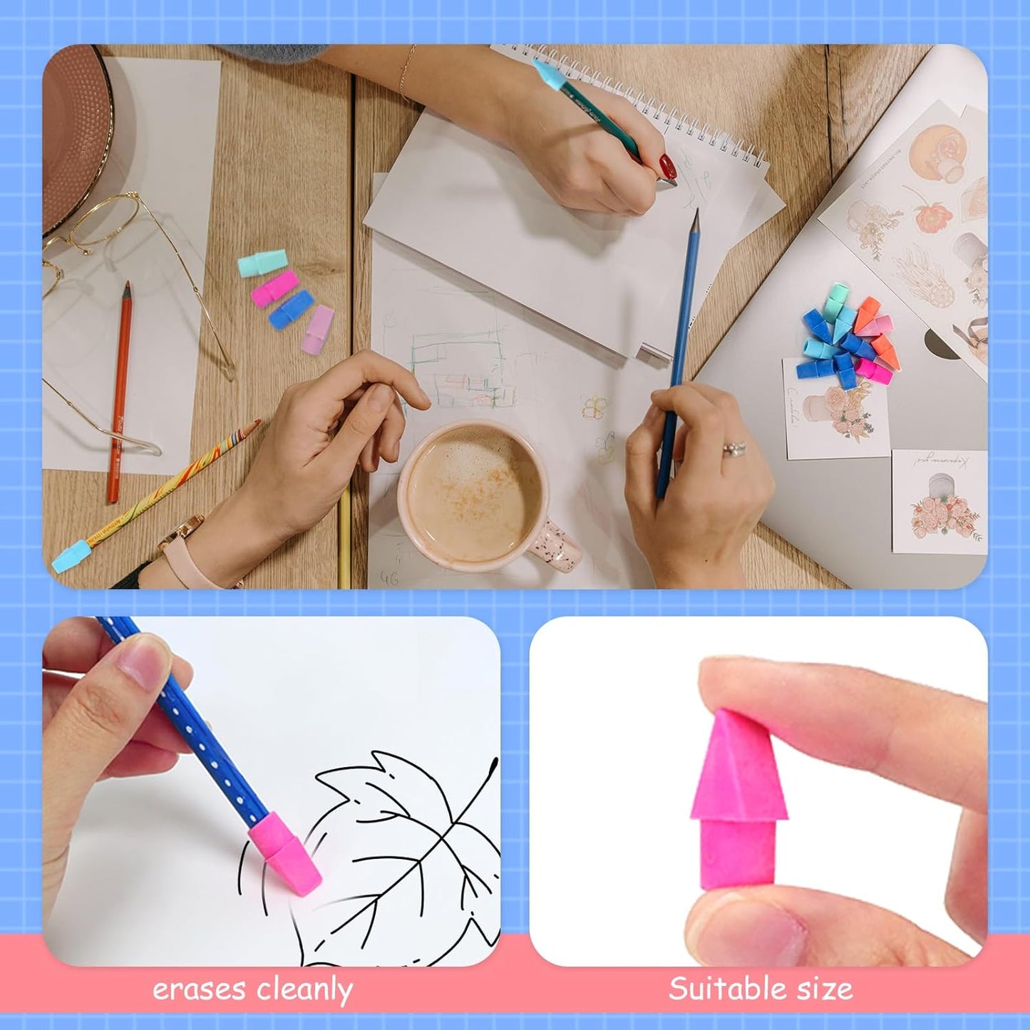 PRALB 400PCS Pencil Top Eraser Bulk Caps for Pencils,Chisel Shape Erasers Toppers for Party Favors Games Prizes, Pencil Top Erasers Cap for Home School Classroom Office Ocean Color