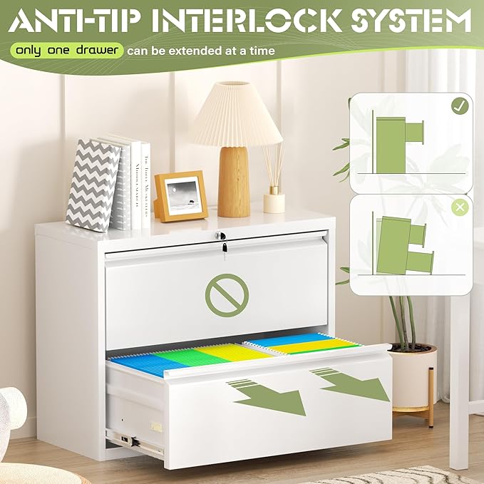 Incbruce Lateral File Cabinet with Lock, 28" W 2 Drawer Filing cabinets for Home Office Home, Office, Fit A4/F4/Letter/Legal File, Under Desk Filing Cabinet (White)