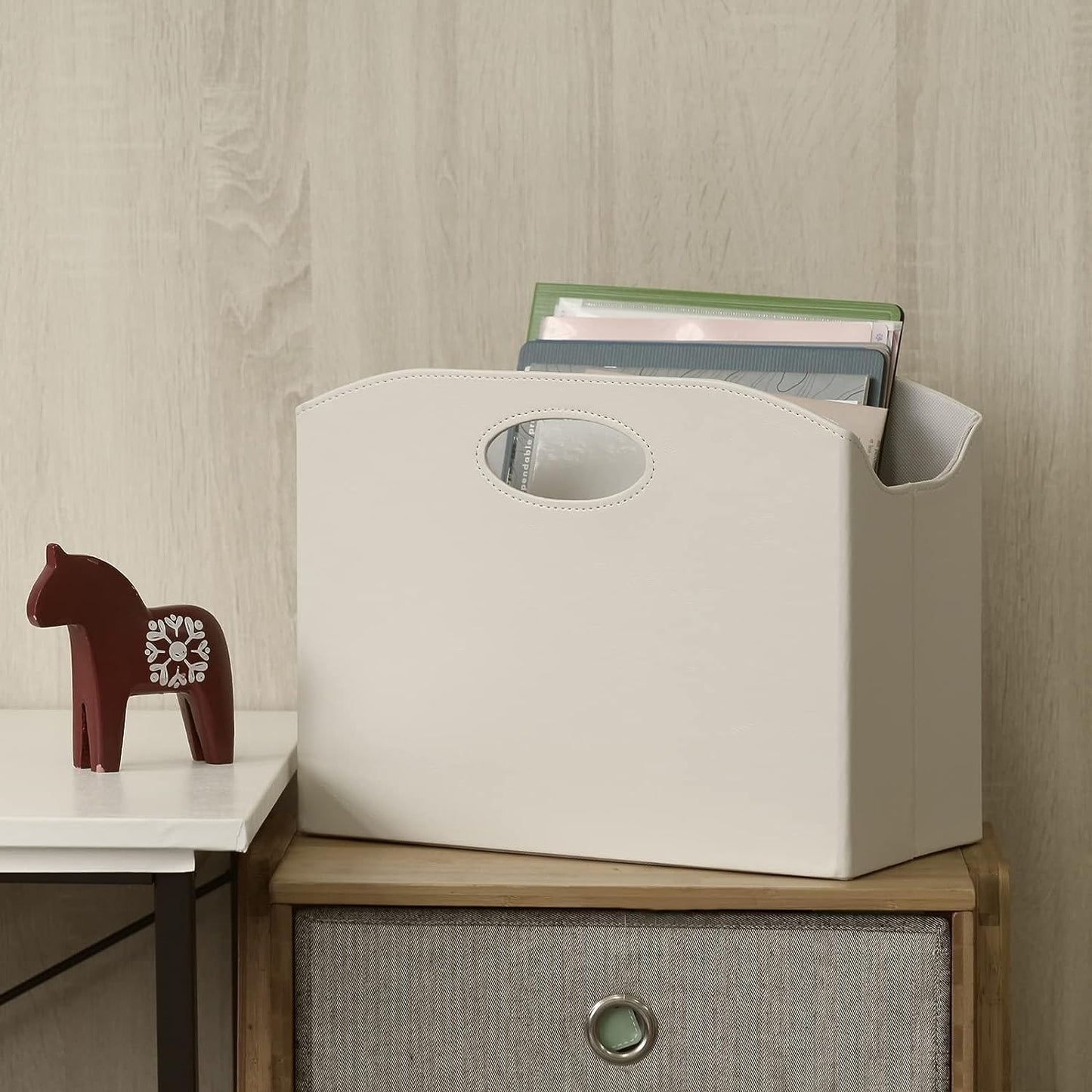 EZDeco Magazine Holder Foldable Magazine Rack Floor PU Leather File Holder Newspaper Book Storage Basket Document File Folder Organizer for Office Home (Off-white-2)