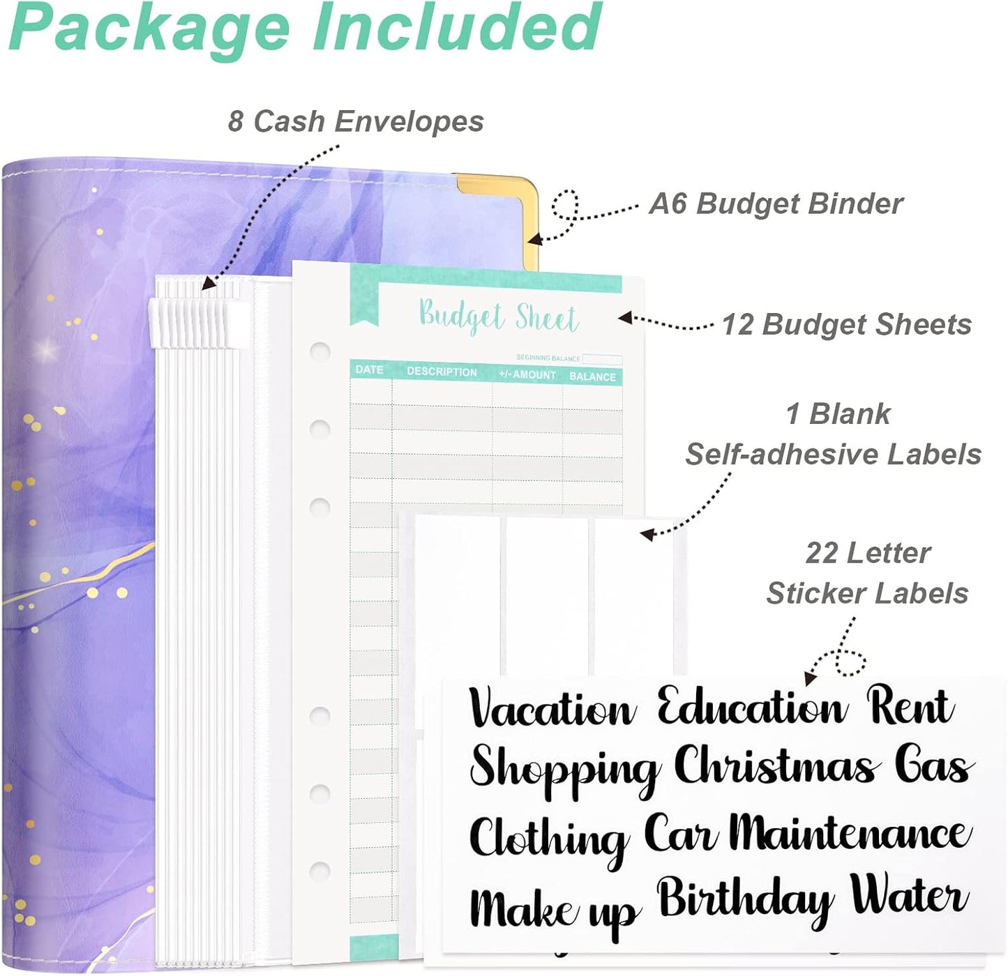 Rnivvi Budget Binder with Zipper Envelopes, A6 Money Saving Binder Cash Envelopes for Budgeting, PU Leather Planner Money Organizer for Cash Bills, Cute Marble System Wallet for Women Men, Purple