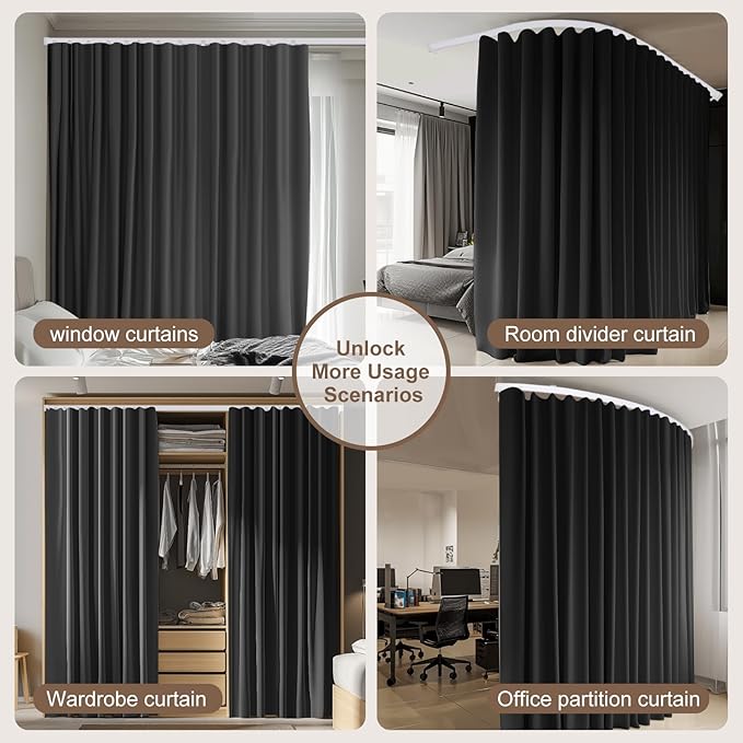 Room Divider Curtains & Flexible Bendable Tracks Set,Privacy Dividers Ceiling Track Curtain Window Blackout Curtains for Living Room Bedroom (W100 × H84 in 1 Panel Black Drape & White Rail)
