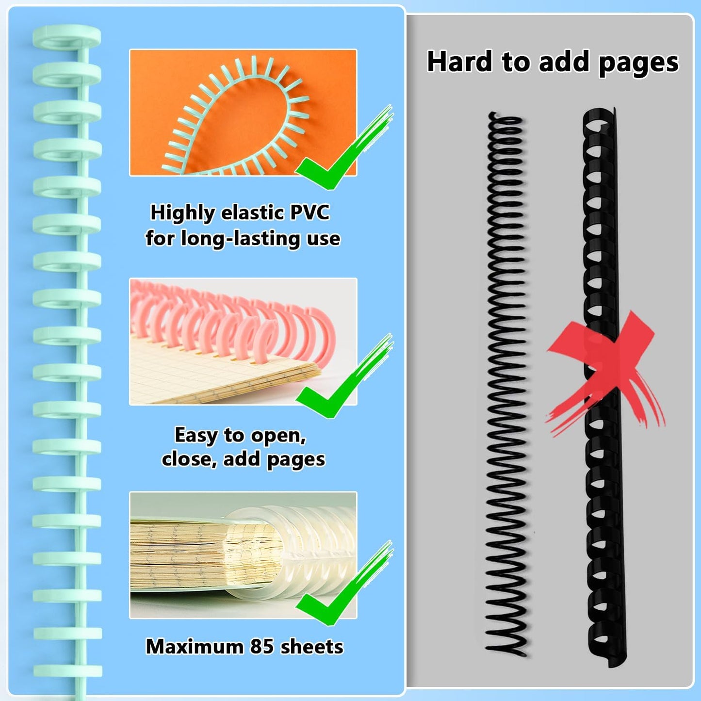 Binding Spines/Coils/Combs Easy to Open Close Adding Pages for Binding Machine Worklion,26pcs,Diameter 1/2", 30 Ring, Maximum 85 Sheets, Multicolor Trimmable Binding Combs