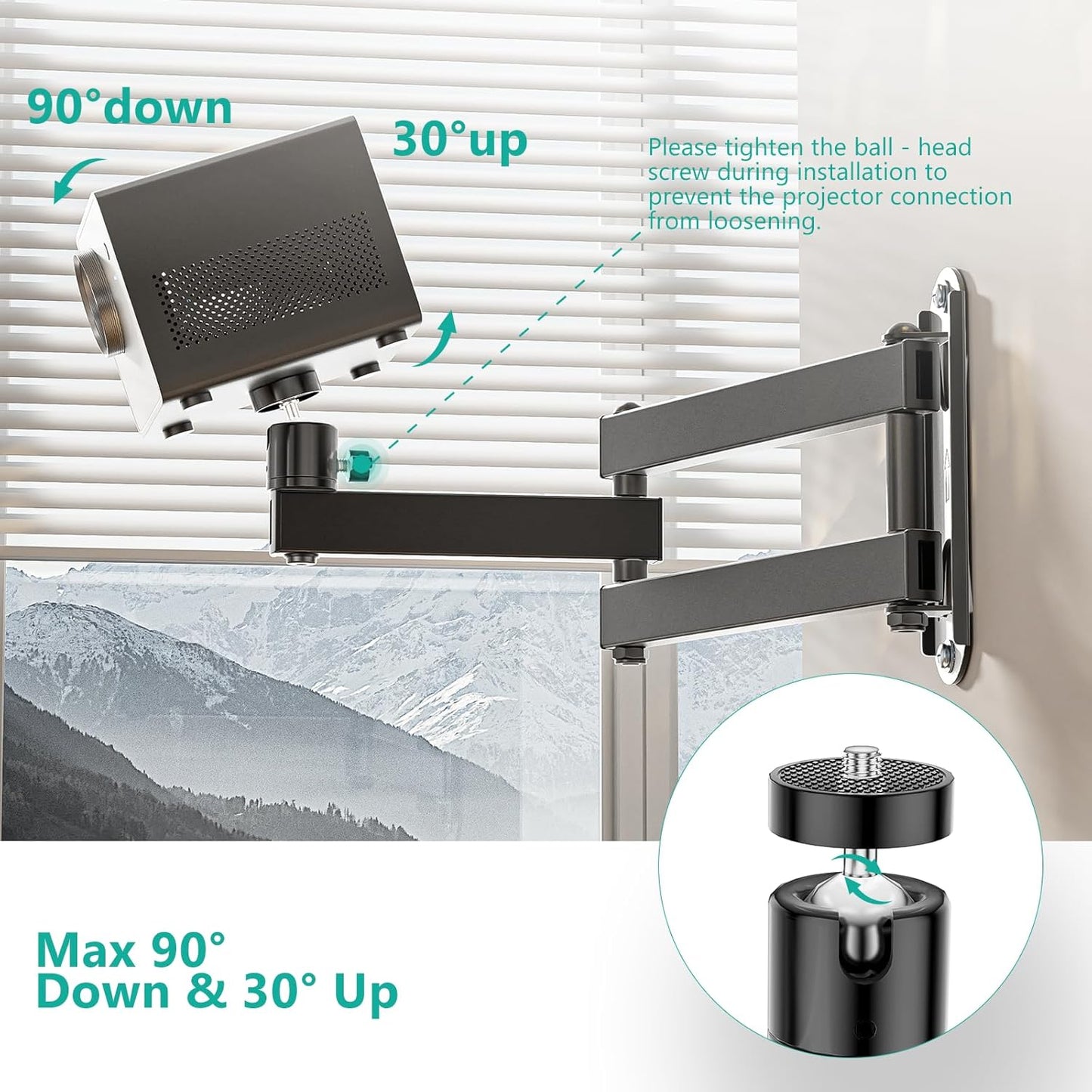WALI Foldable Projector Wall Mount Universal Adjustable Wall Projector Mount Aluminum Alloy Projectors Stand,1/4" M4 M6 Screw Size,(1330LM-PM), Black
