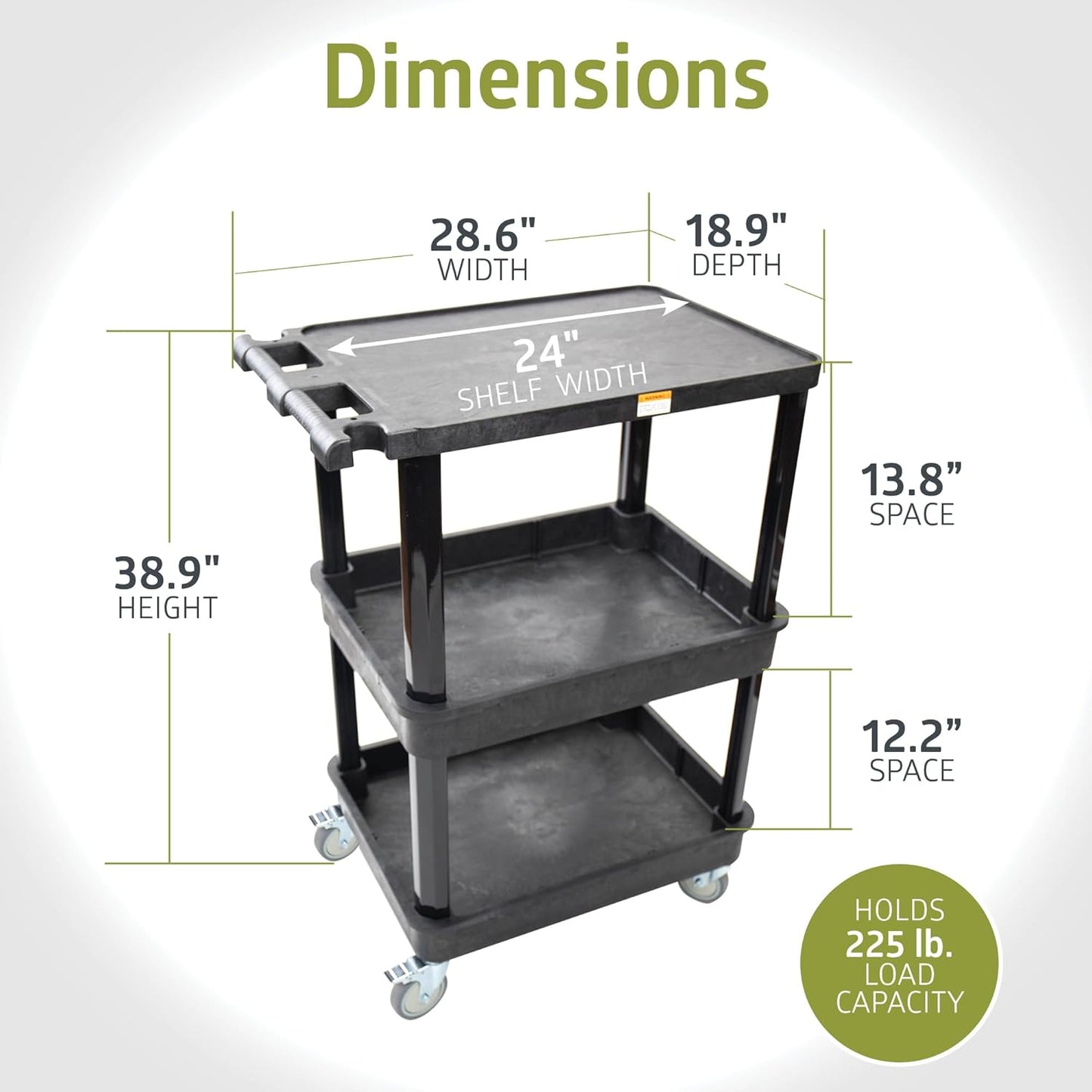 Pearington 3-Shelf Multipurpose Mobile Utility Cart with 2 Bins and Lockable Wheels, Heavy-Duty Plastic Rolling Presentation Cart for Offices and Warehouses, Black