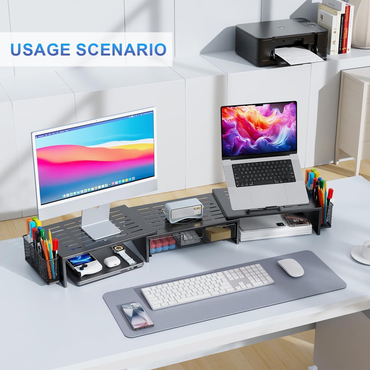 gianotter Computer Dual Monitor Stand Riser For Desk, Desk Organizers And Accessories With Drawer And 2 Pen Holder For Office, Home, School Supplies (Black)