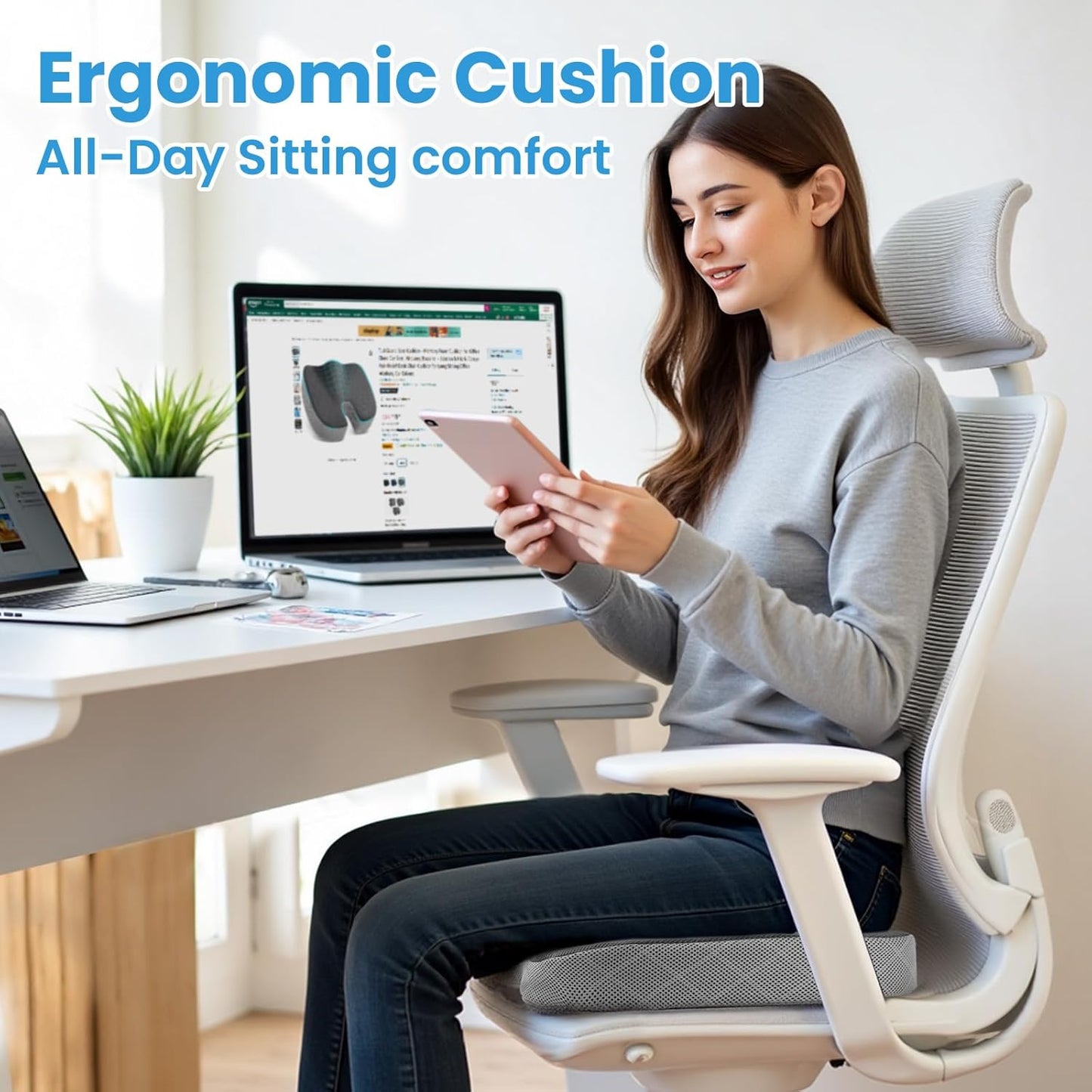 TushGuard Office/Car Seat Cushion, Non-Slip Sciatica & Back Coccyx Tailbone Pain Relief Chair Pad, Memory Foam Butt Pillow for Computer Desk, Wheelchair, Driving (Black&Grey)