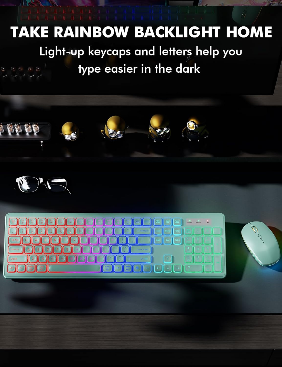 Wireless Keyboard and Mouse Combo - RGB Backlit, Rechargeable & Light Up Letters, Full-Size, Ergonomic Tilt Angle, Sleep Mode, 2.4GHz Quiet Keyboard Mouse for Mac, Windows, Laptop, PC, Mint Green