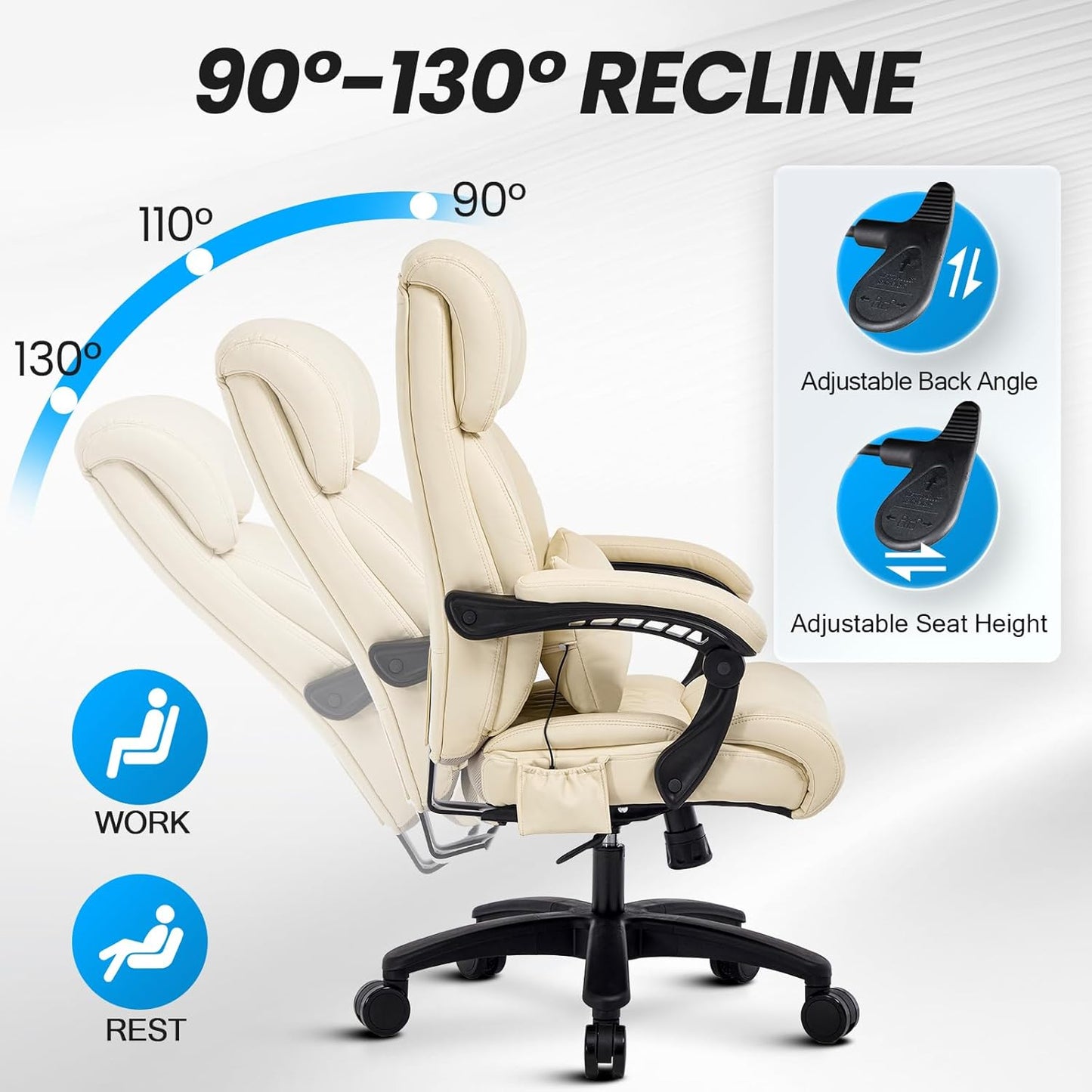 Lumbar Massage Office Chair, 500LBS Big and Tall Office Chair, Heavy Duty Ergonomic Executive Reclining Chair with High Back and Lumbar Support, Beige